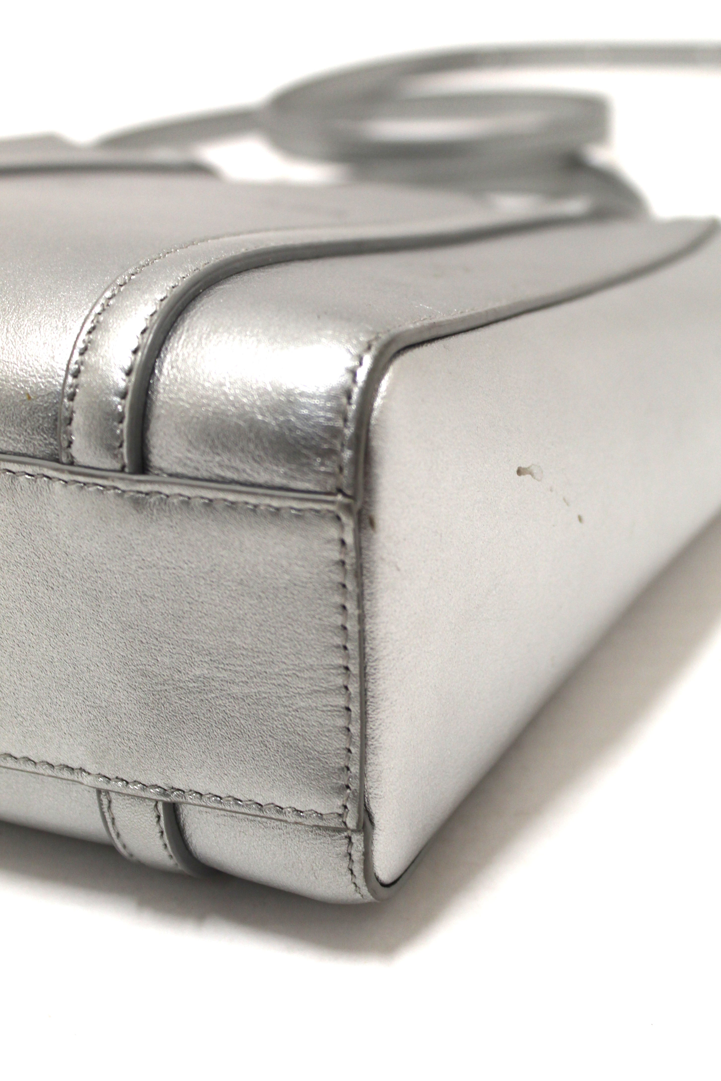 Authentic Balenciaga Silver Calfskin Leather Everyday XXS Tote Crossbody Bag