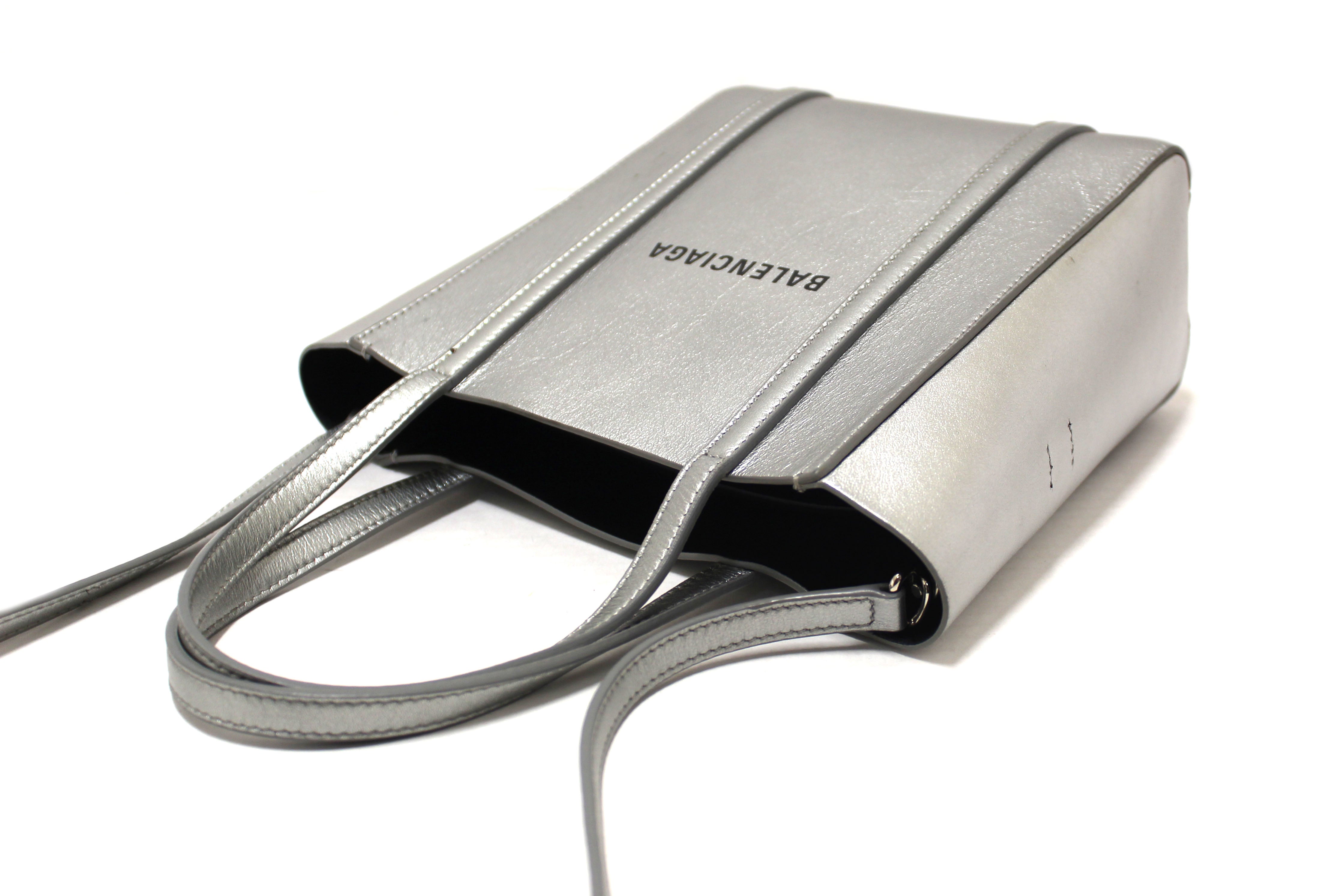 Authentic Balenciaga Silver Calfskin Leather Everyday XXS Tote Crossbody Bag
