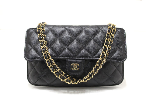 Authentic Chanel Black Caviar Quilted Leather Phone Bag On Chain Crossbody Bag