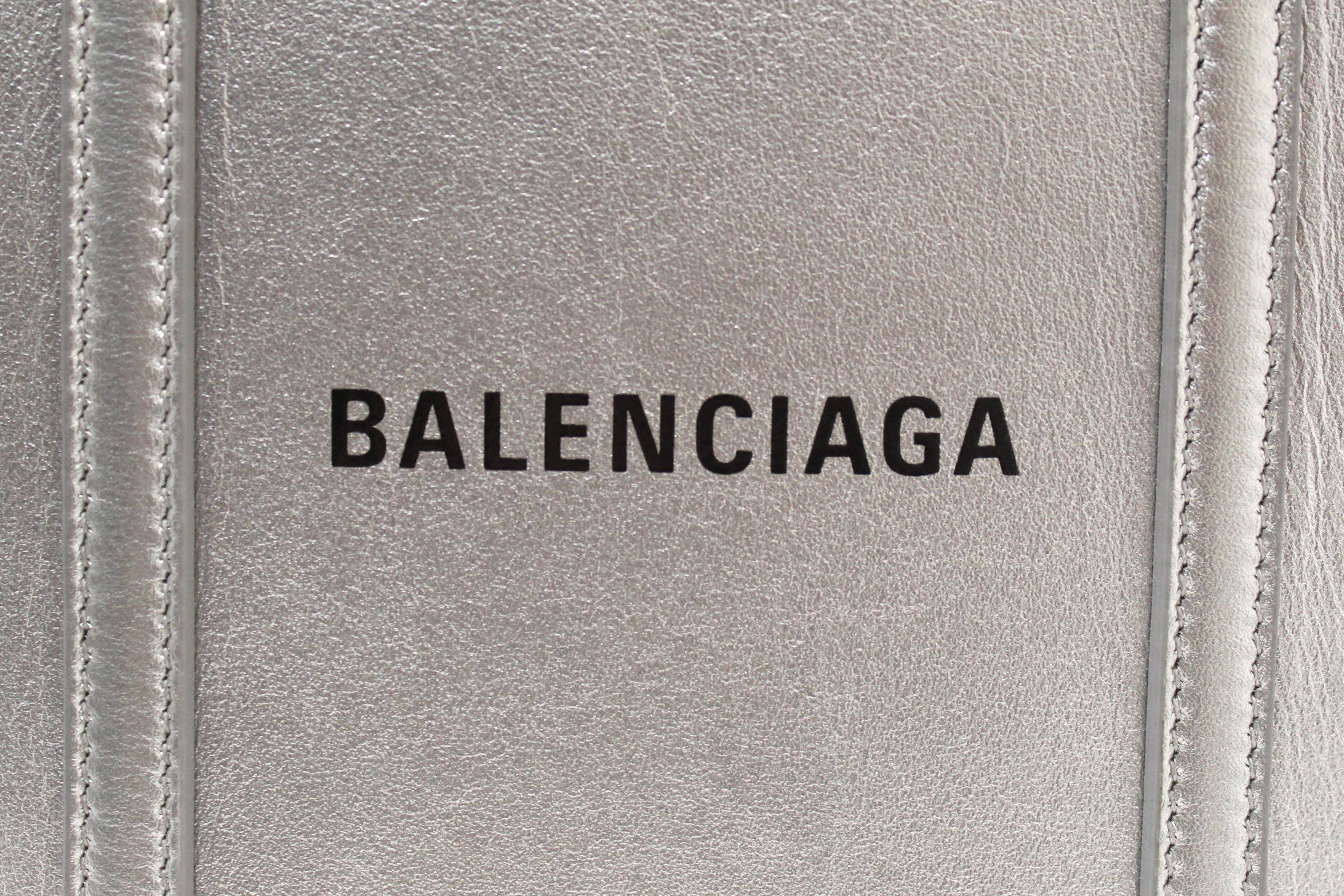 Authentic Balenciaga Silver Calfskin Leather Everyday XXS Tote Crossbody Bag