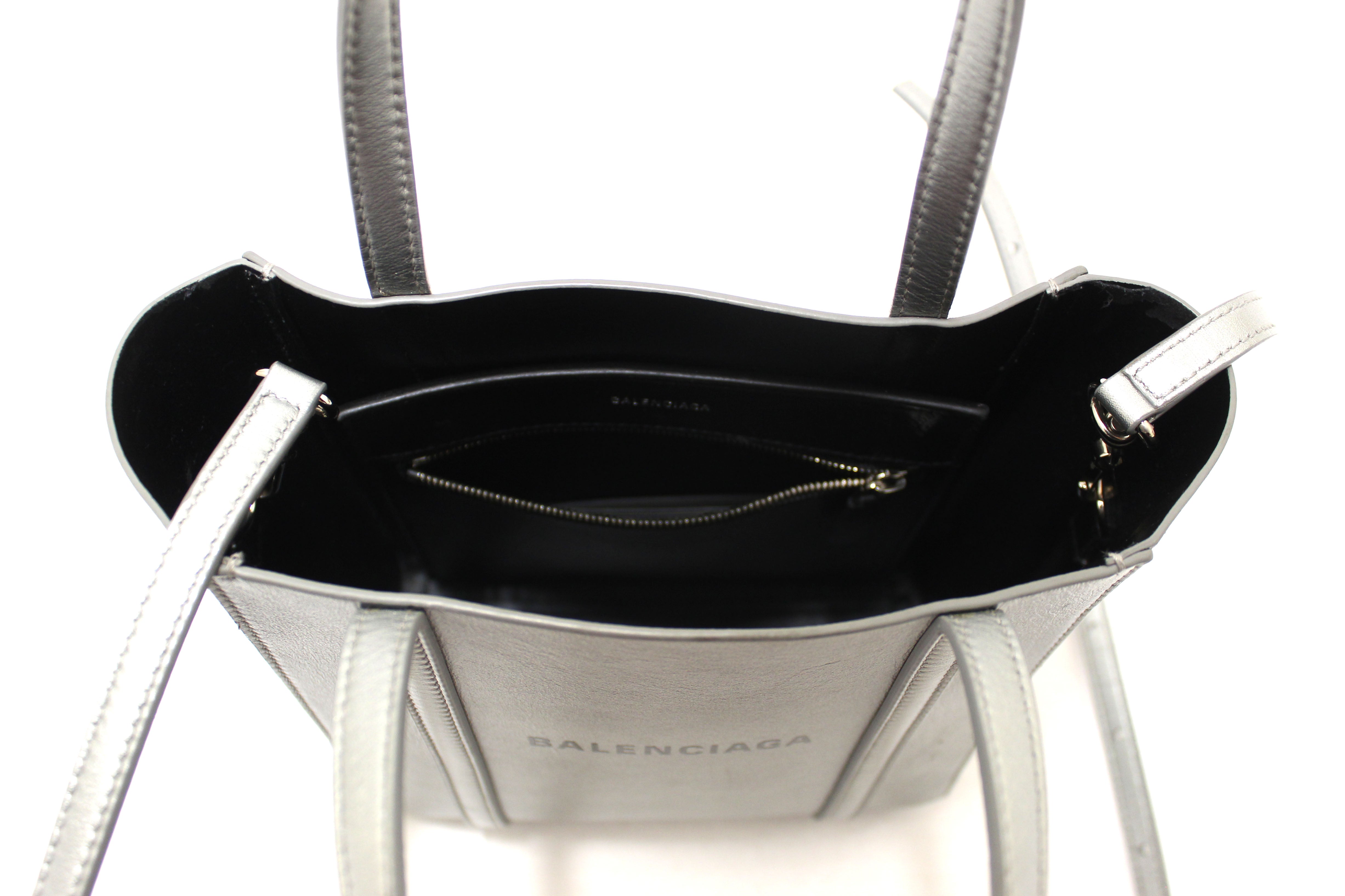 Authentic Balenciaga Silver Calfskin Leather Everyday XXS Tote Crossbody Bag