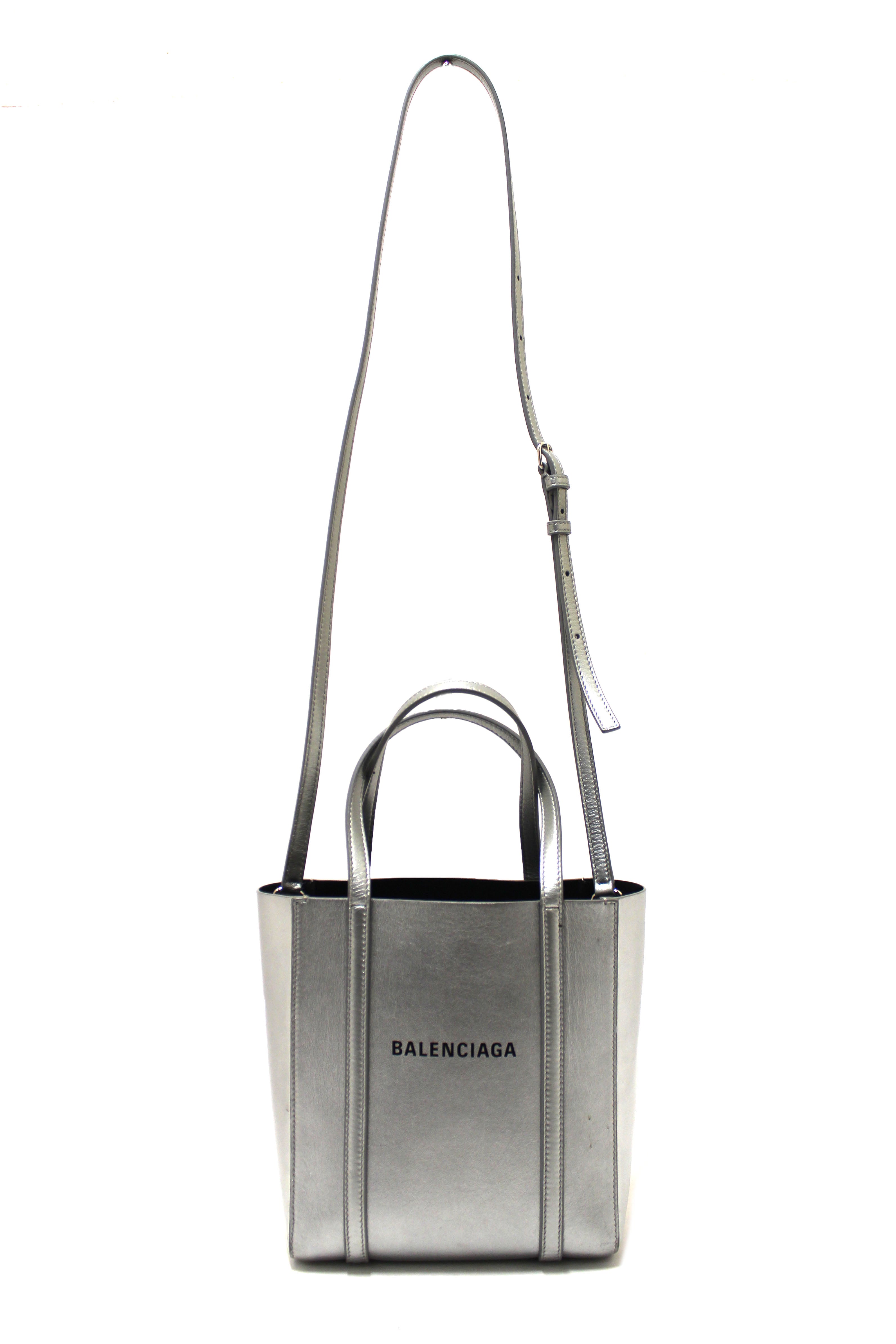 Authentic Balenciaga Silver Calfskin Leather Everyday XXS Tote Crossbody Bag