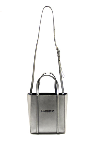 Authentic Balenciaga Silver Calfskin Leather Everyday XXS Tote Crossbody Bag