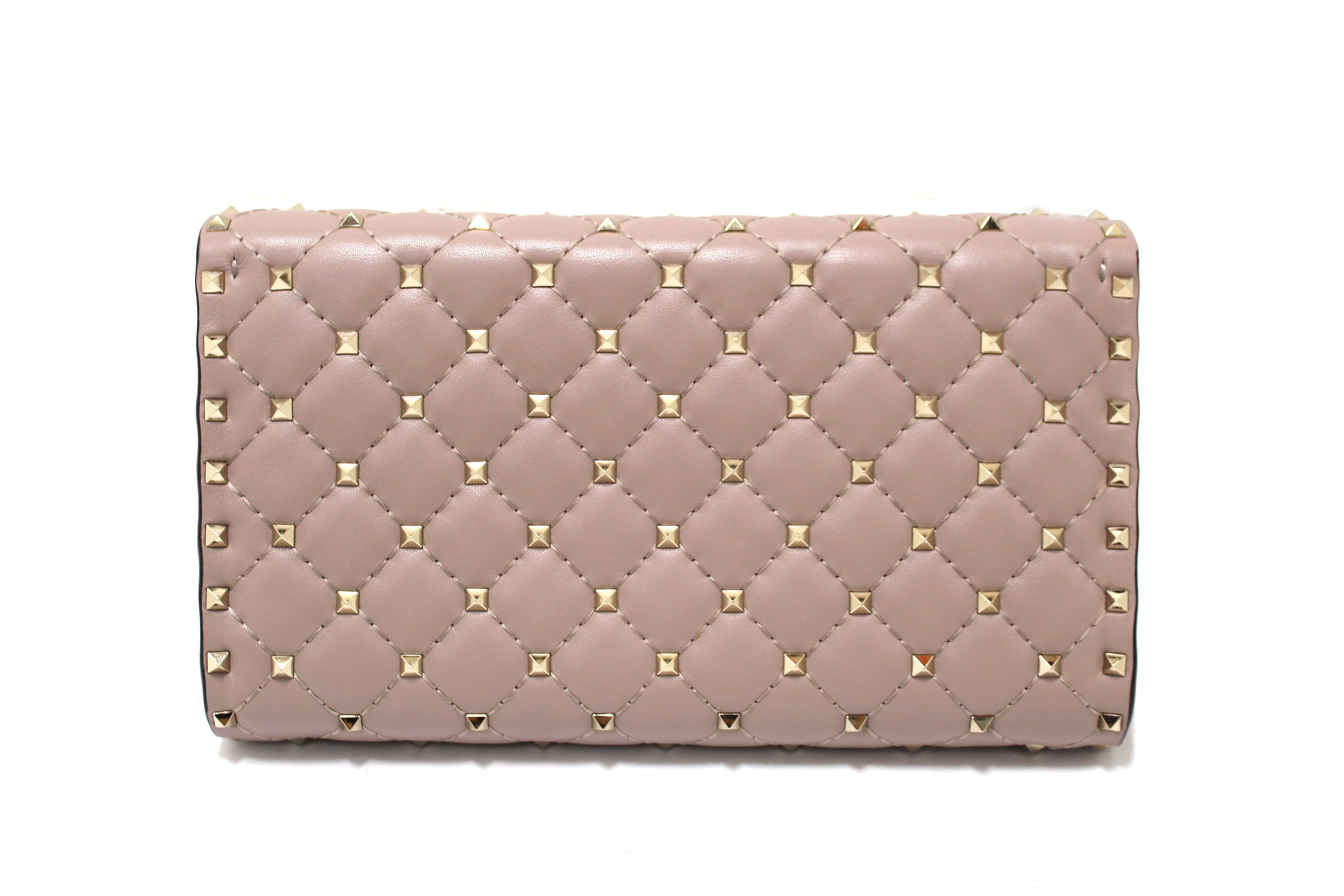 Authentic Valentino Garavani Poudre Quilted Nappa Leather Rockstud Spike Crossbody Clutch Bag
