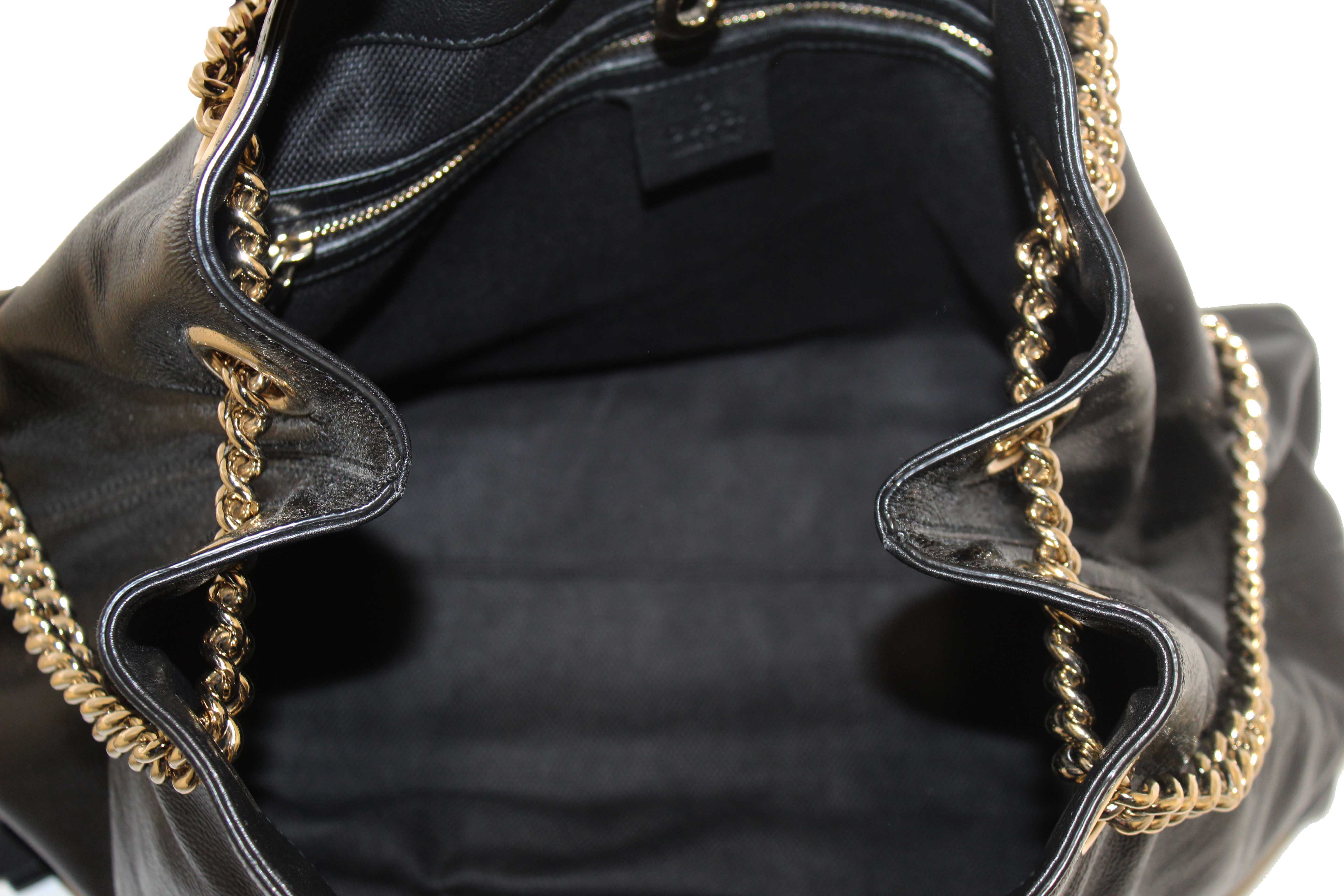 Authentic Gucci Black Patent Leather Medium Soho Chain Shoulder Bag 308982