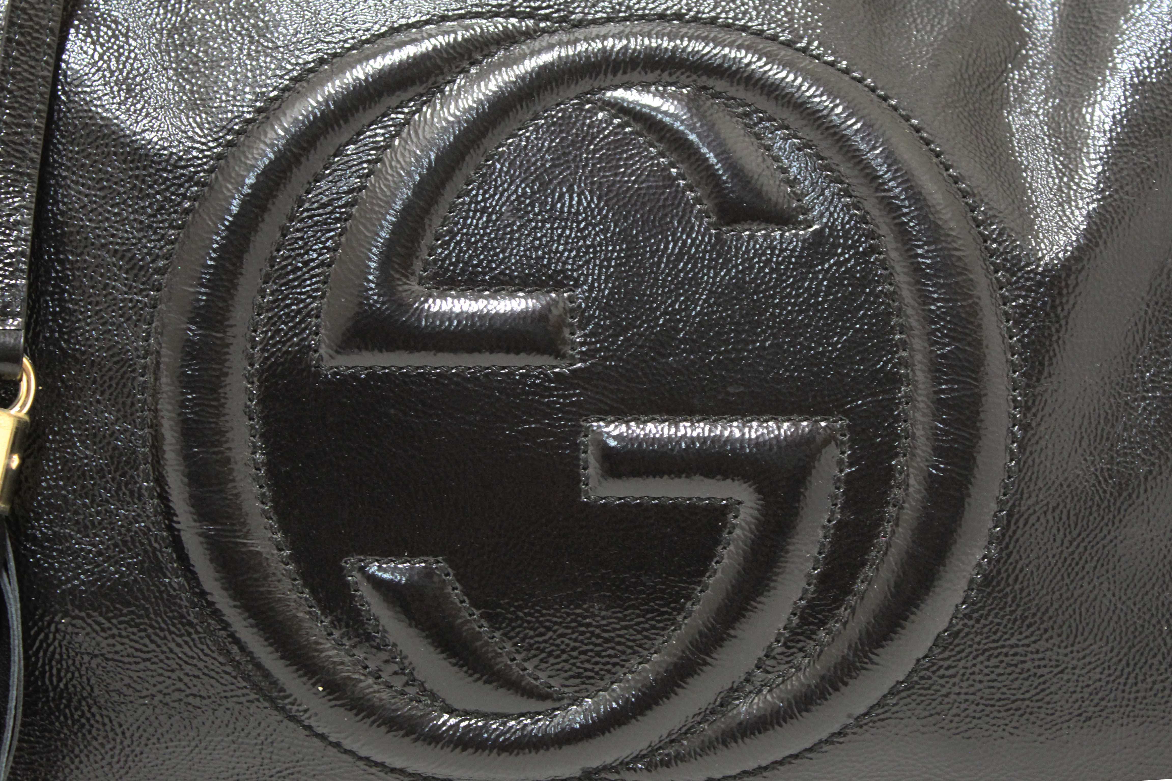 Authentic Gucci Black Patent Leather Medium Soho Chain Shoulder Bag 308982
