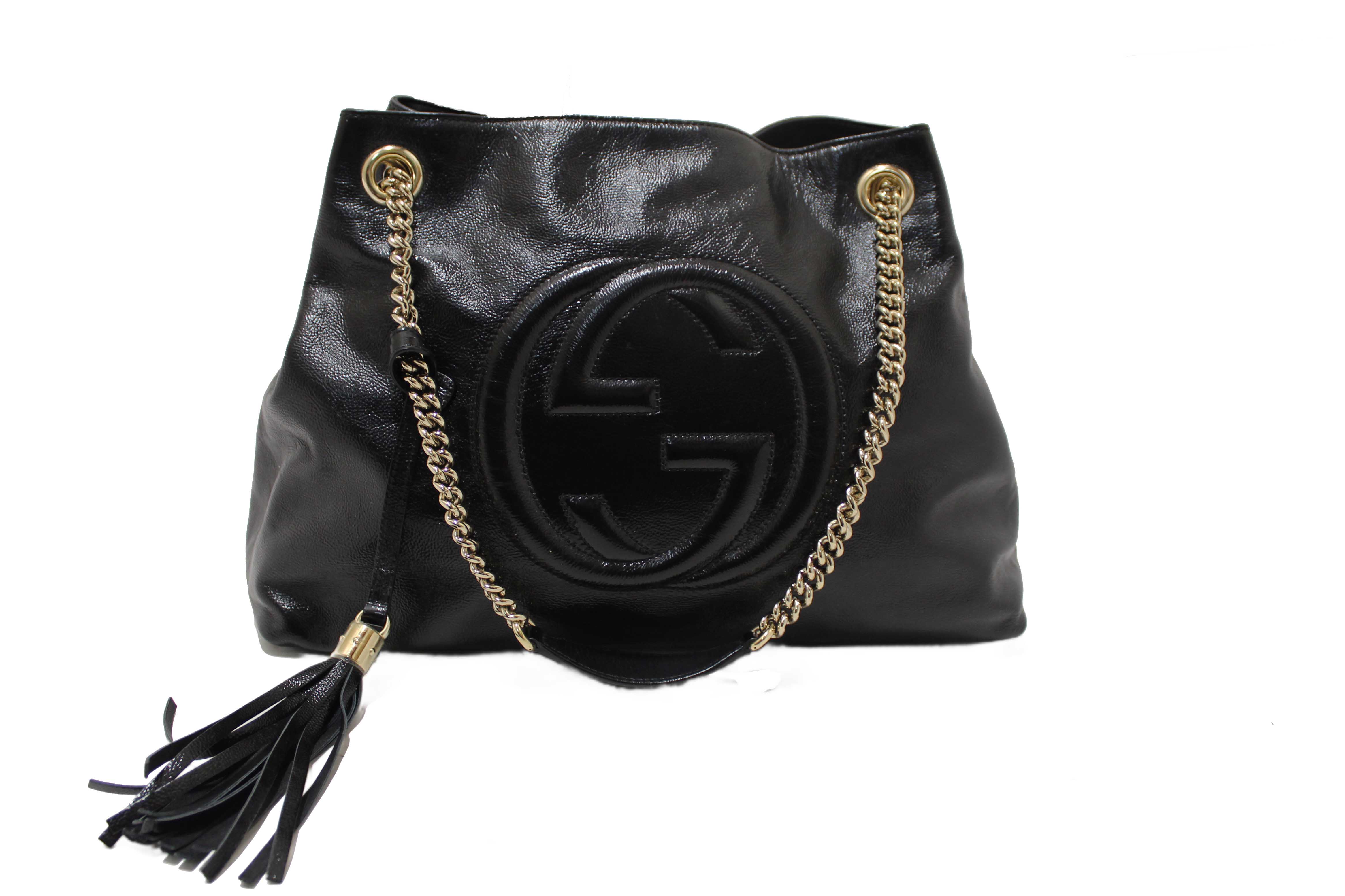 Authentic Gucci Black Patent Leather Medium Soho Chain Shoulder Bag 308982