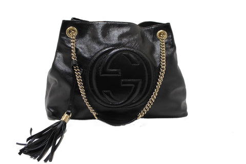 Authentic Gucci Black Patent Leather Medium Soho Chain Shoulder Bag 308982