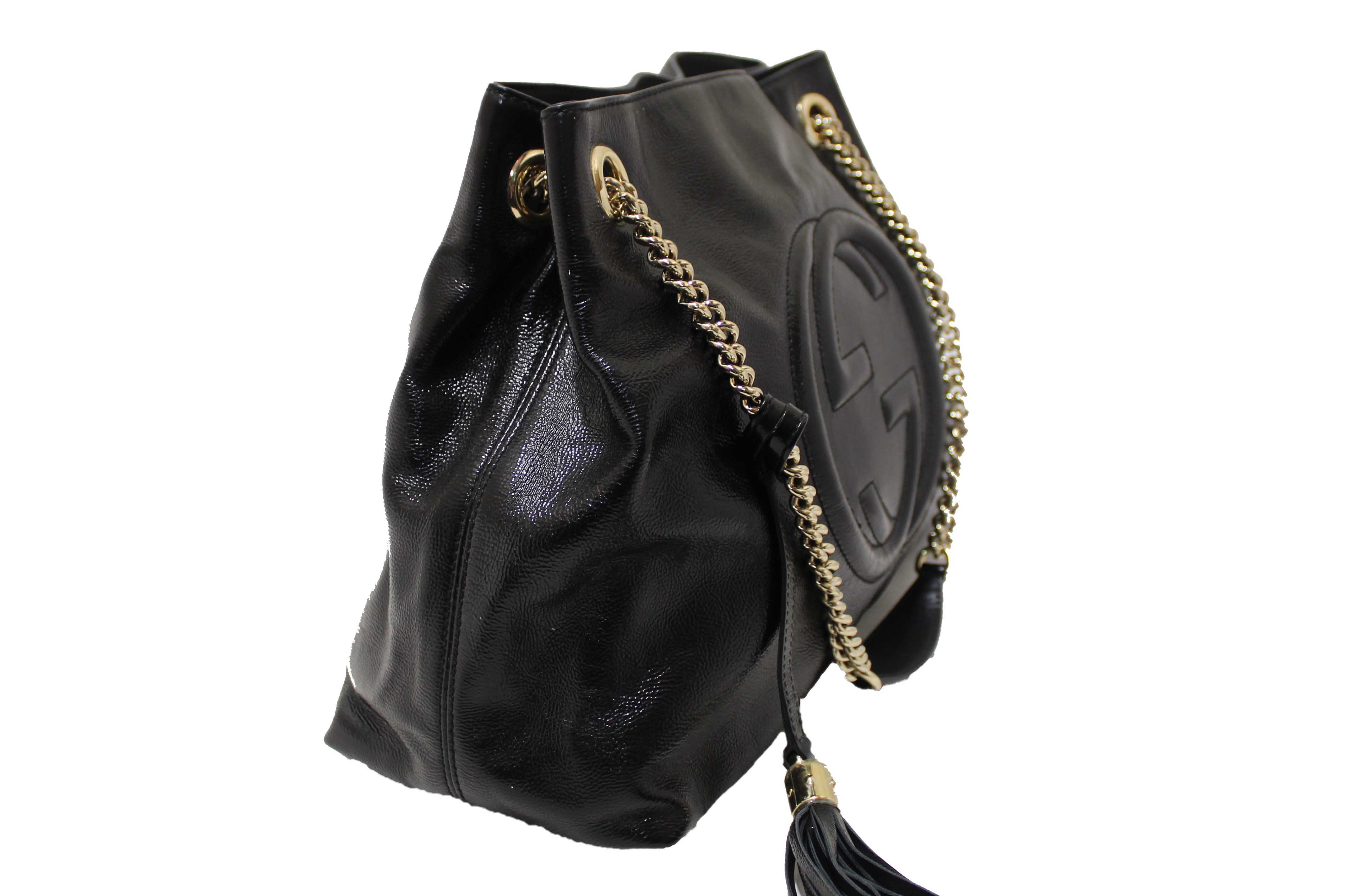 Authentic Gucci Black Patent Leather Medium Soho Chain Shoulder Bag 308982