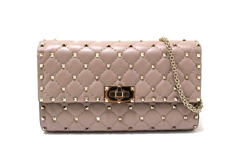 Authentic Valentino Garavani Poudre Quilted Nappa Leather Rockstud Spike Crossbody Clutch Bag