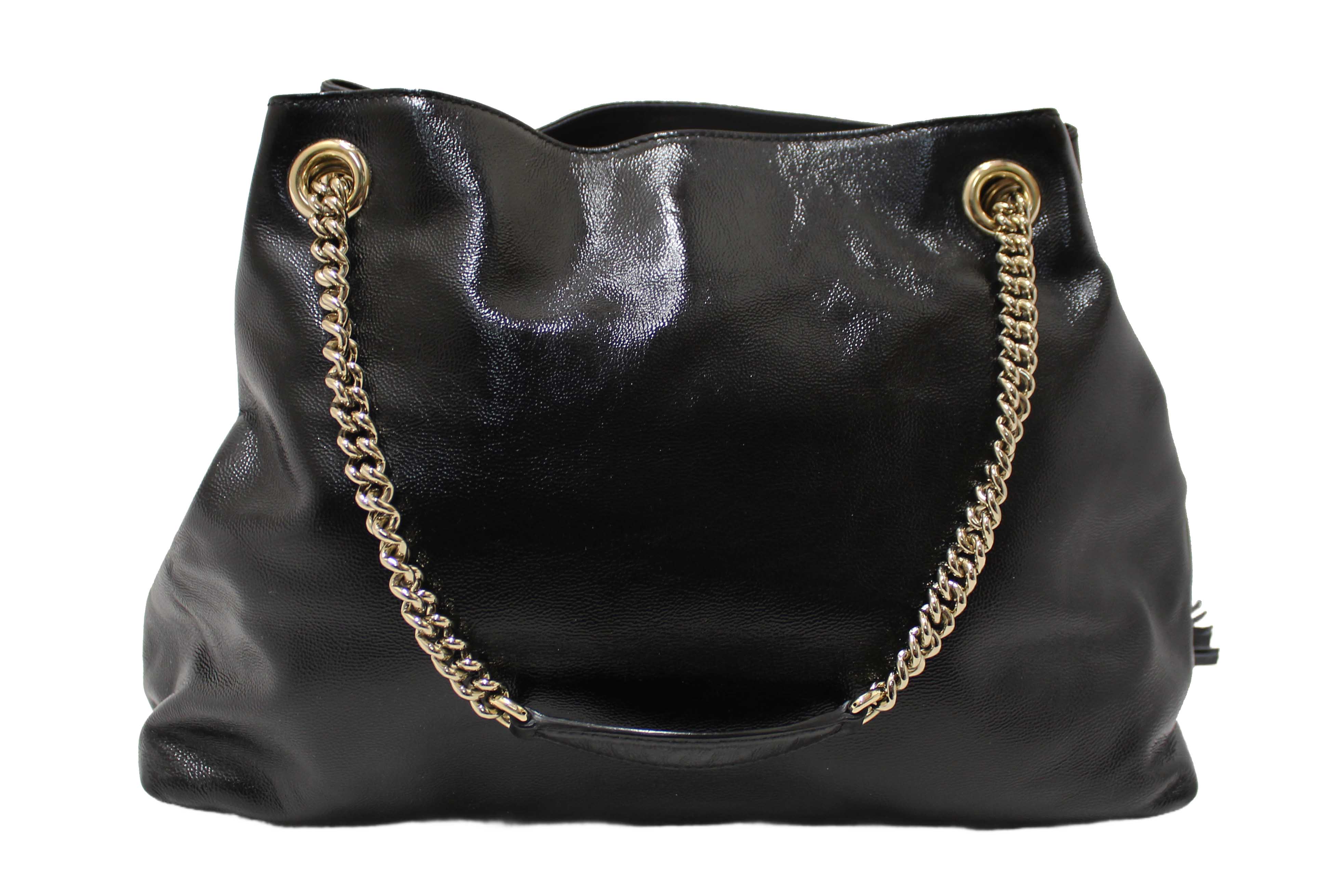 Authentic Gucci Black Patent Leather Medium Soho Chain Shoulder Bag 308982