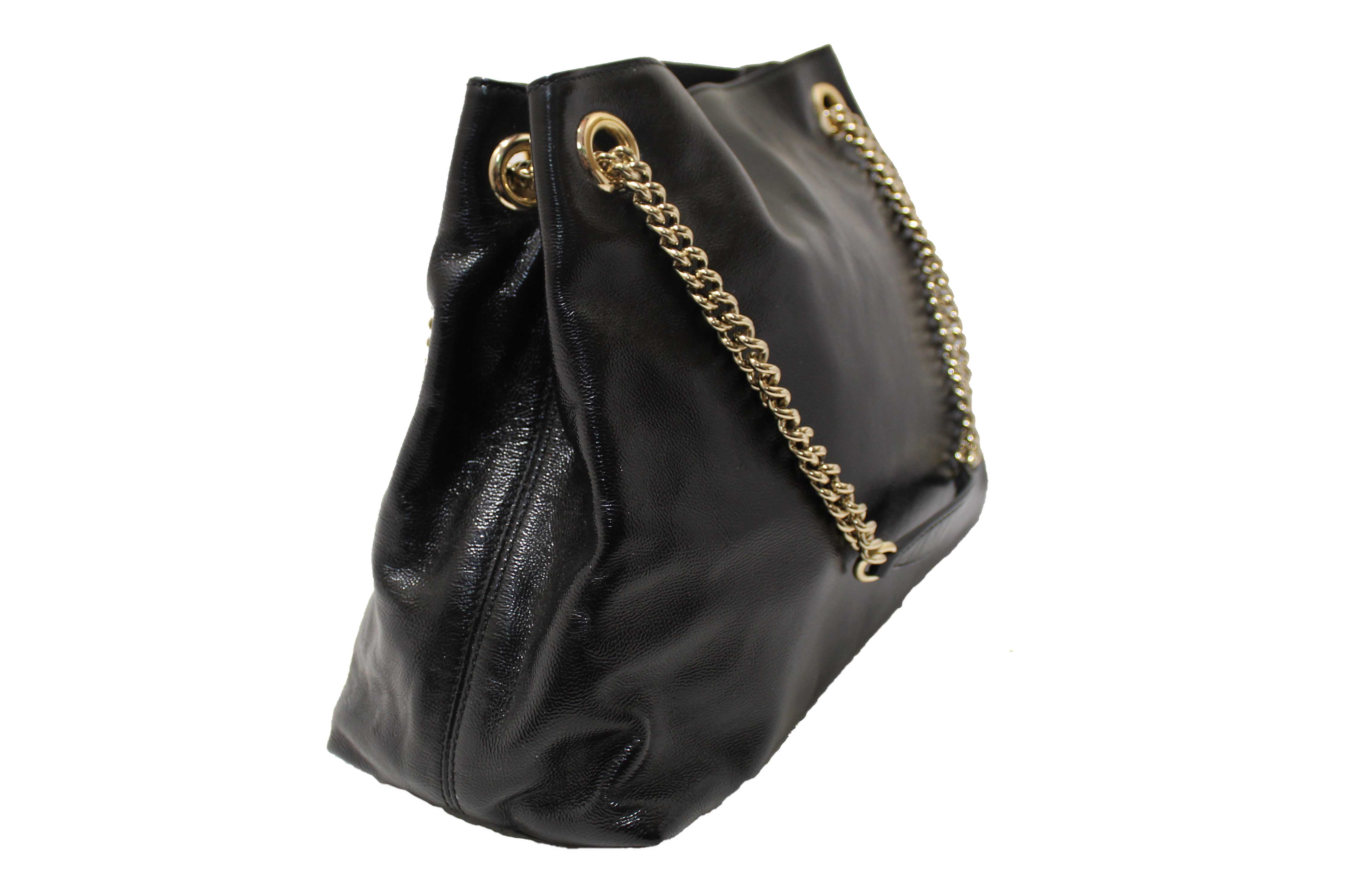 Authentic Gucci Black Patent Leather Medium Soho Chain Shoulder Bag 308982