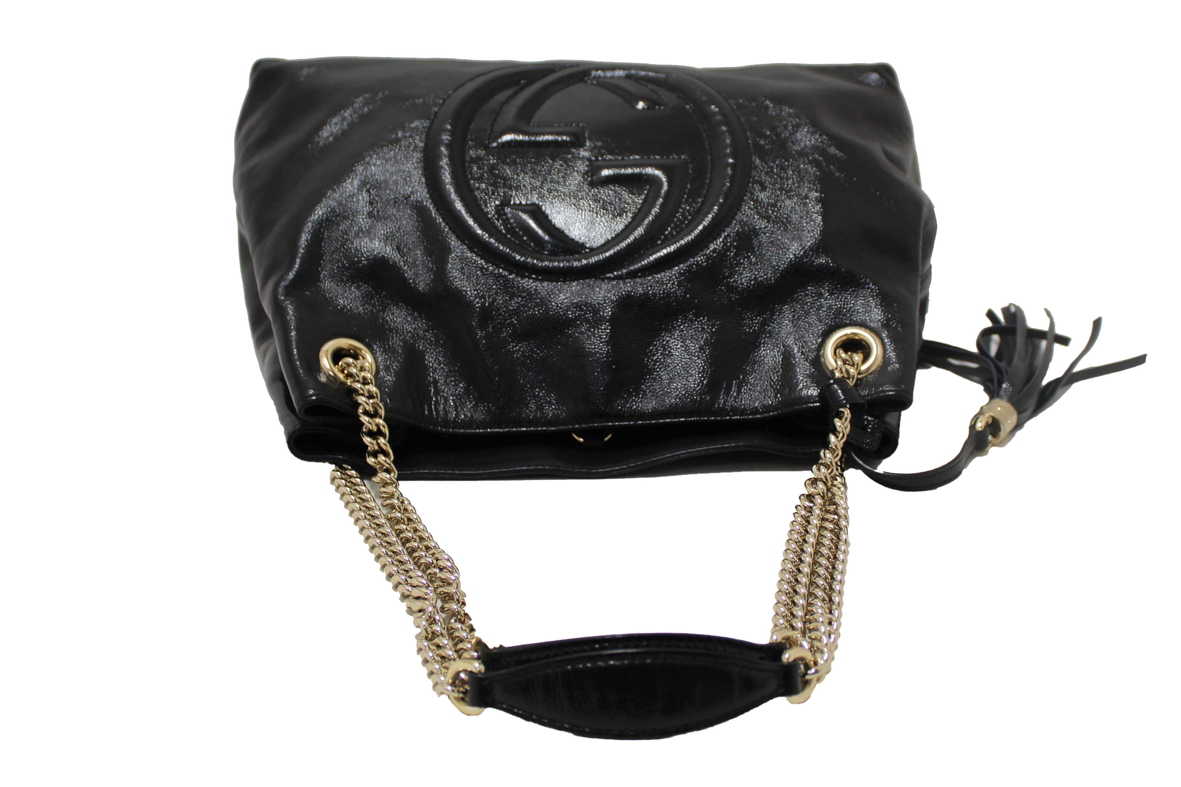 Authentic Gucci Black Patent Leather Medium Soho Chain Shoulder Bag 308982