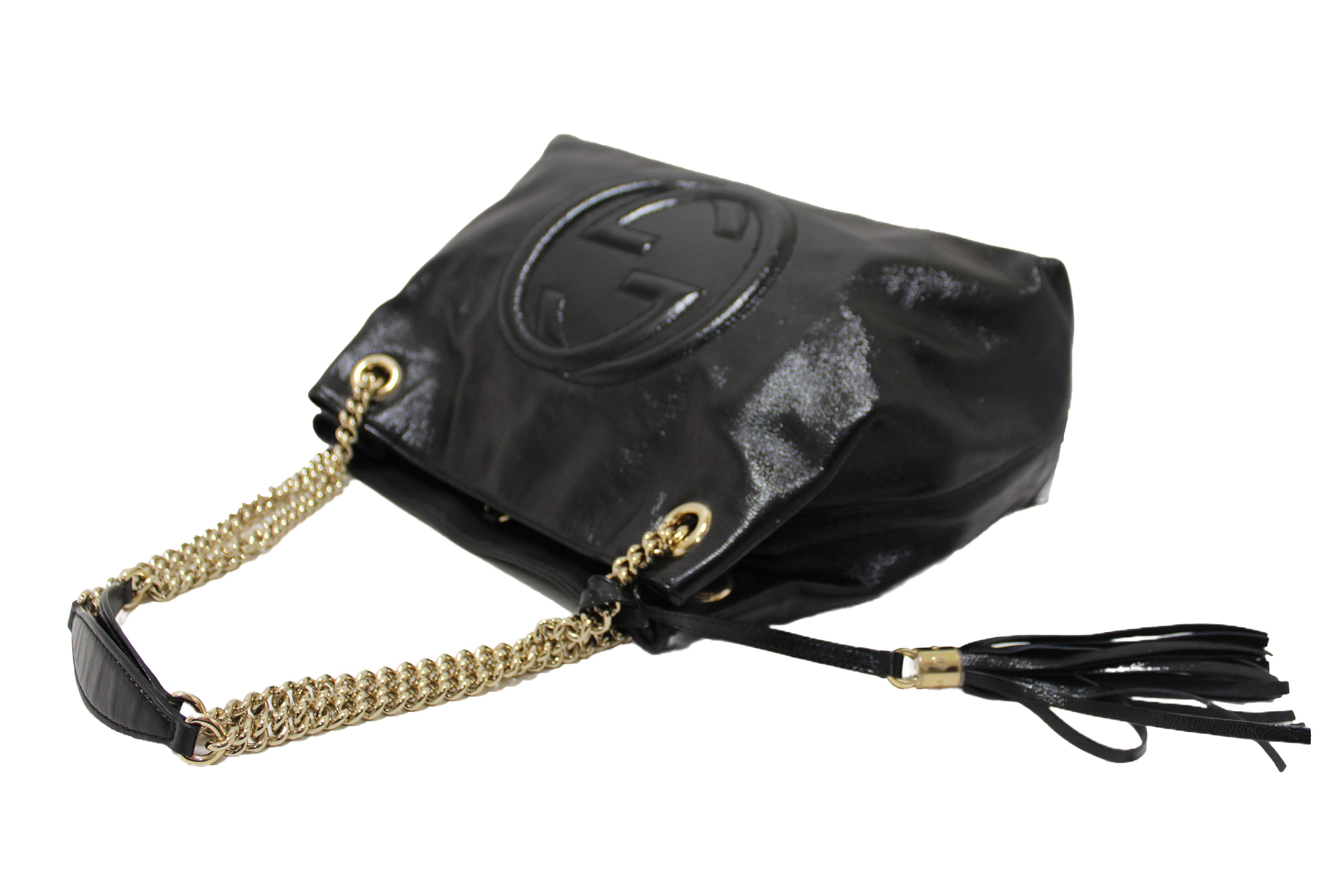 Authentic Gucci Black Patent Leather Medium Soho Chain Shoulder Bag 308982