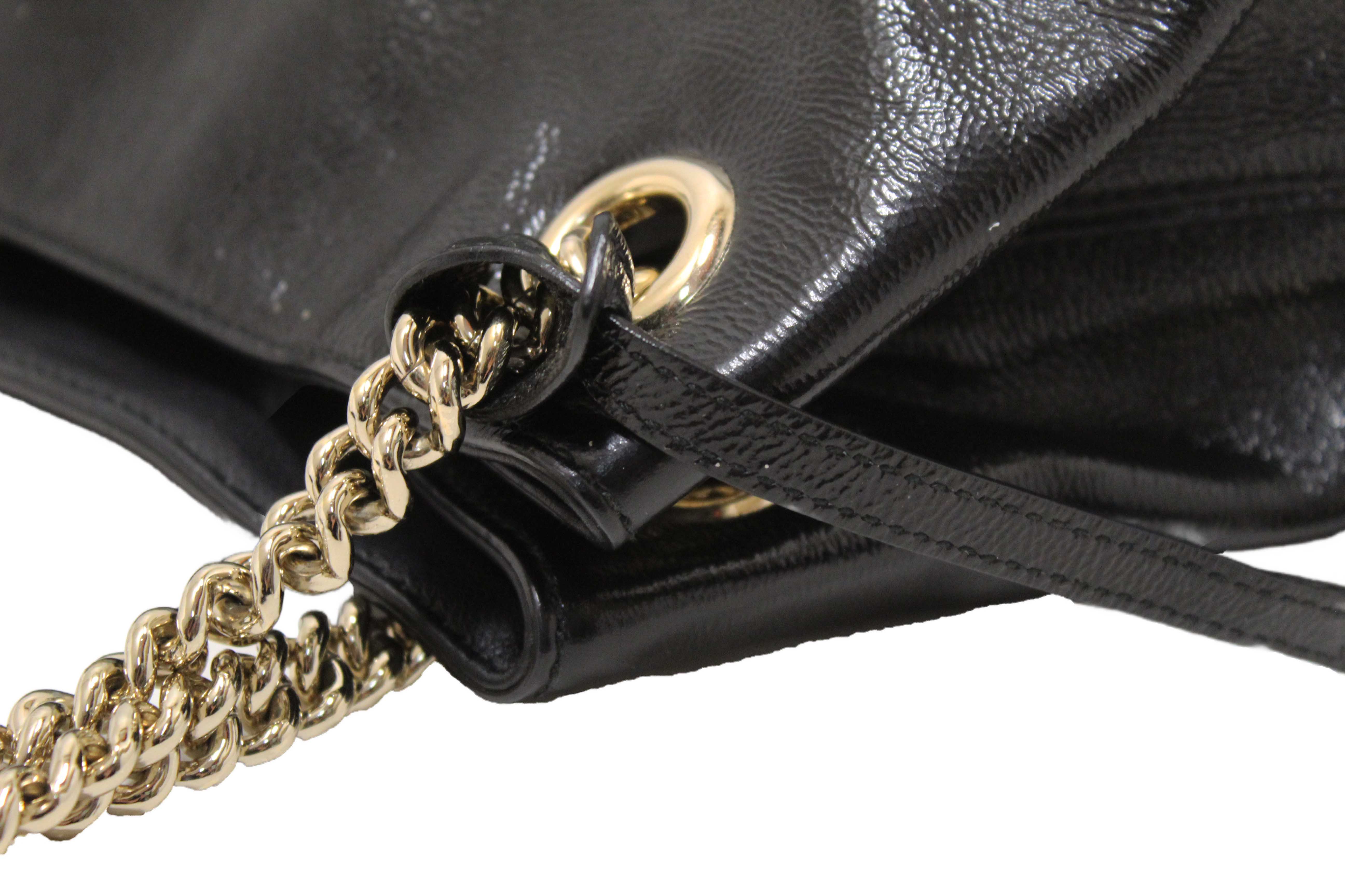 Authentic Gucci Black Patent Leather Medium Soho Chain Shoulder Bag 308982