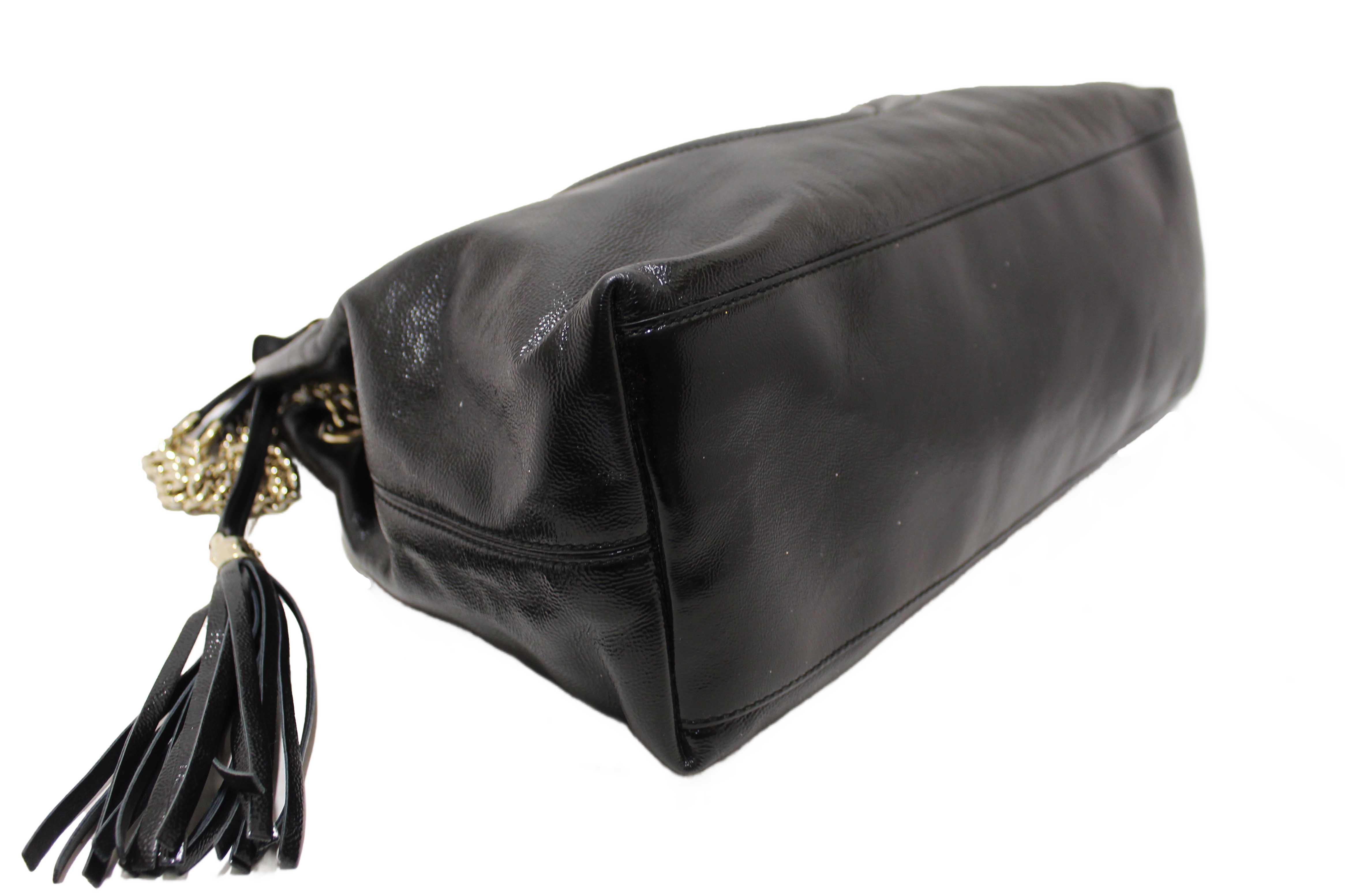Authentic Gucci Black Patent Leather Medium Soho Chain Shoulder Bag 308982