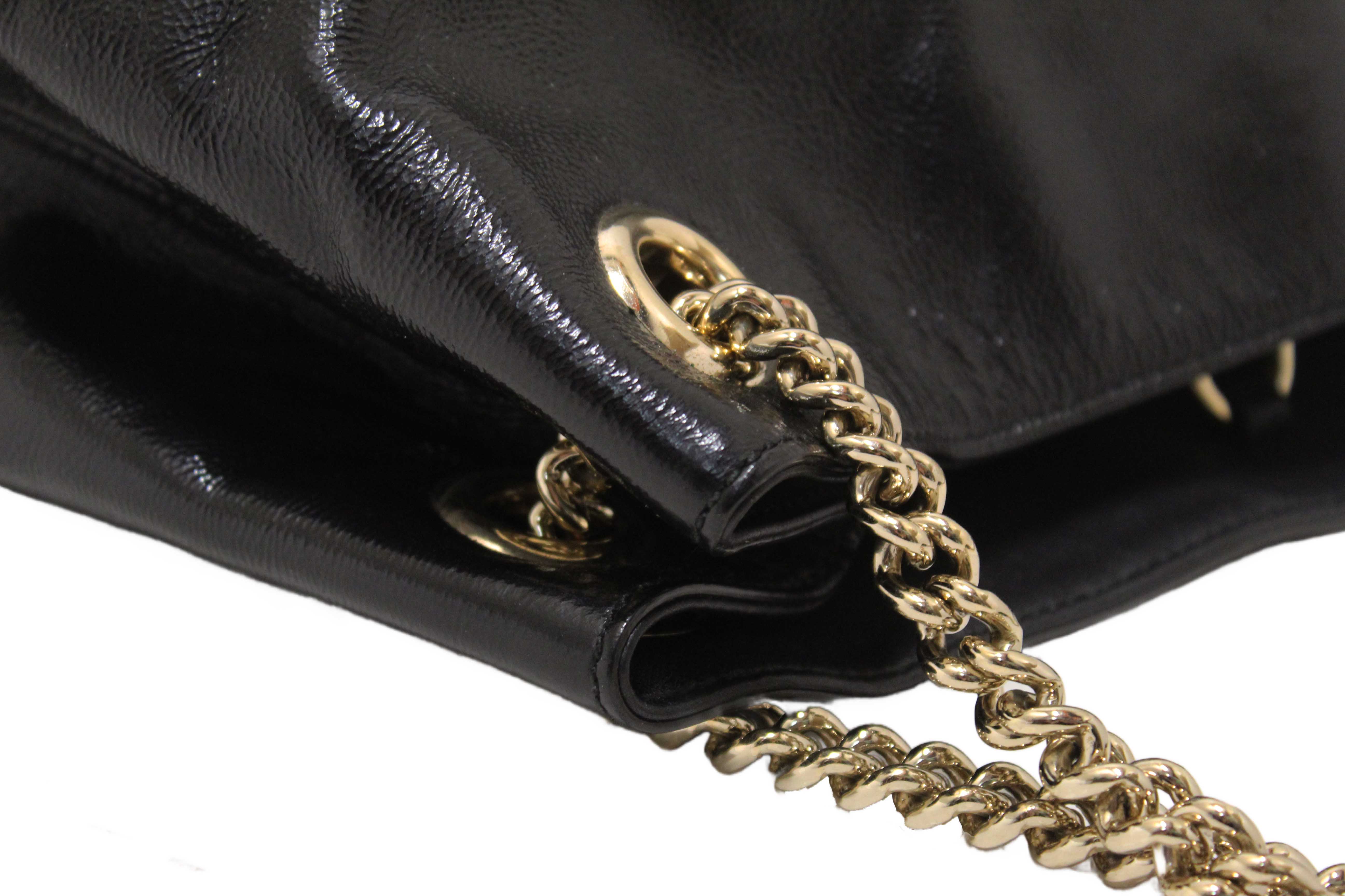 Authentic Gucci Black Patent Leather Medium Soho Chain Shoulder Bag 308982