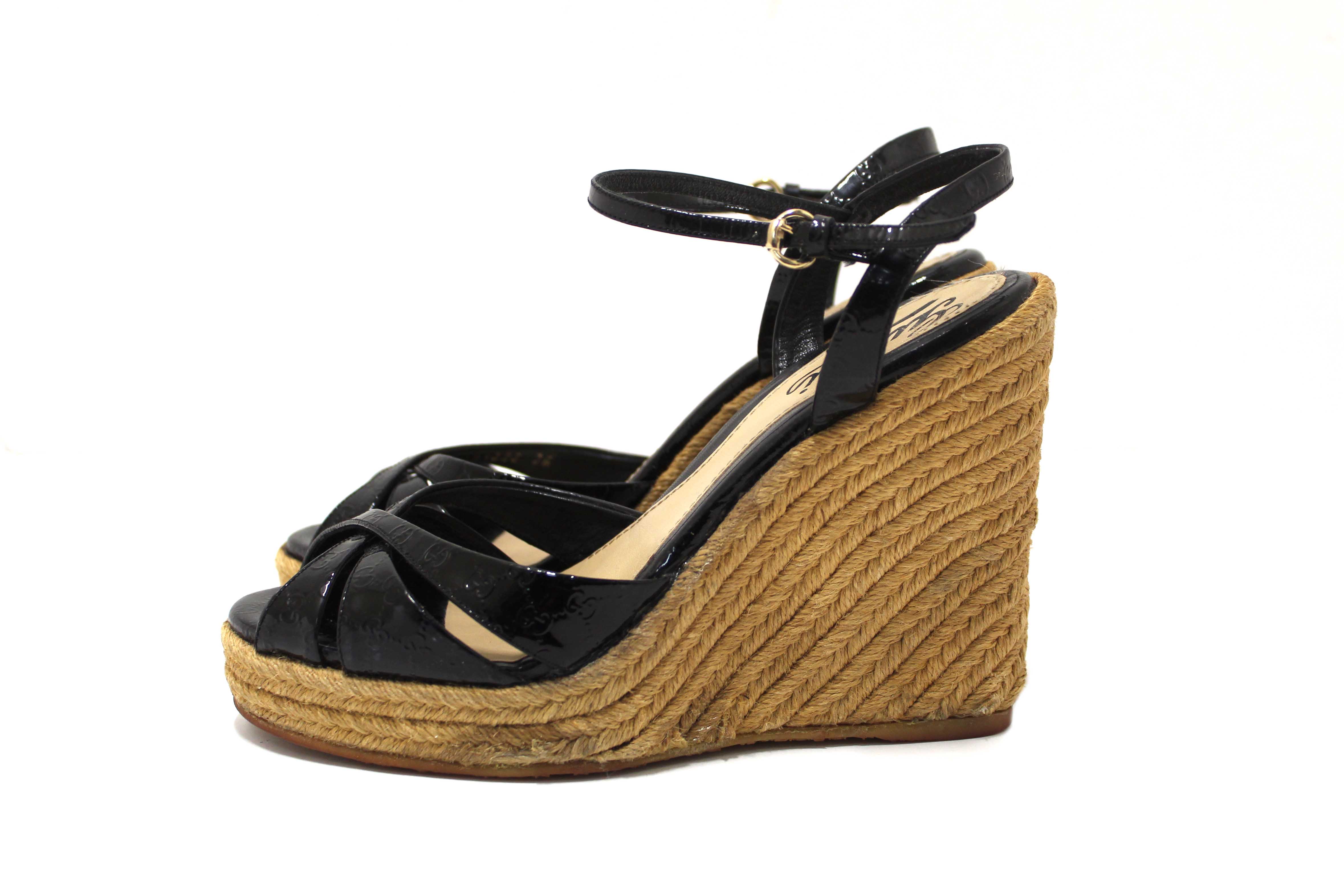 Authentic Gucci Black Guccissima Patent Leather Penelope Espadrille Wedges Sandals Size 36