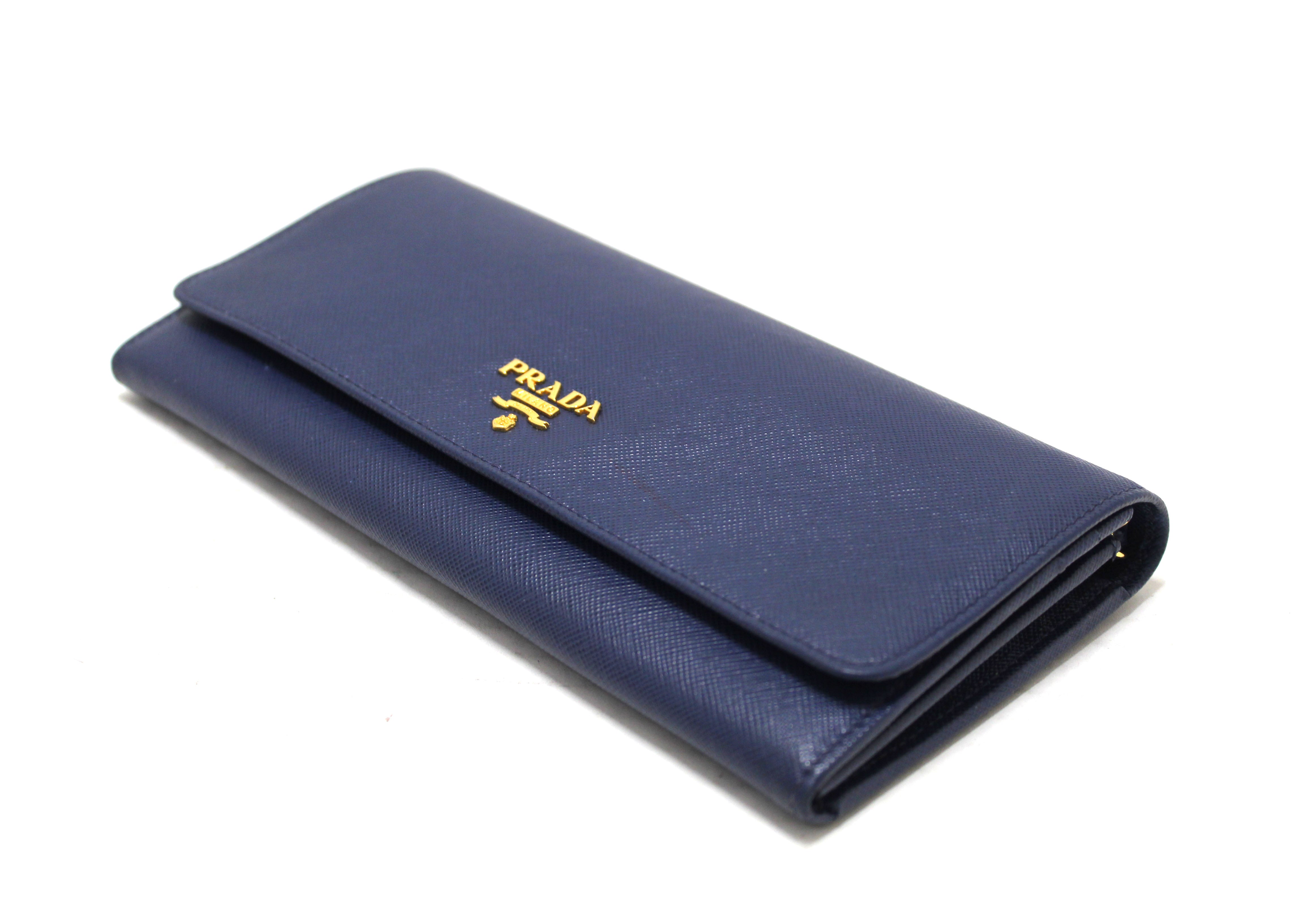 Authentic Prada Blue Saffiano Leather Wallet With Chain