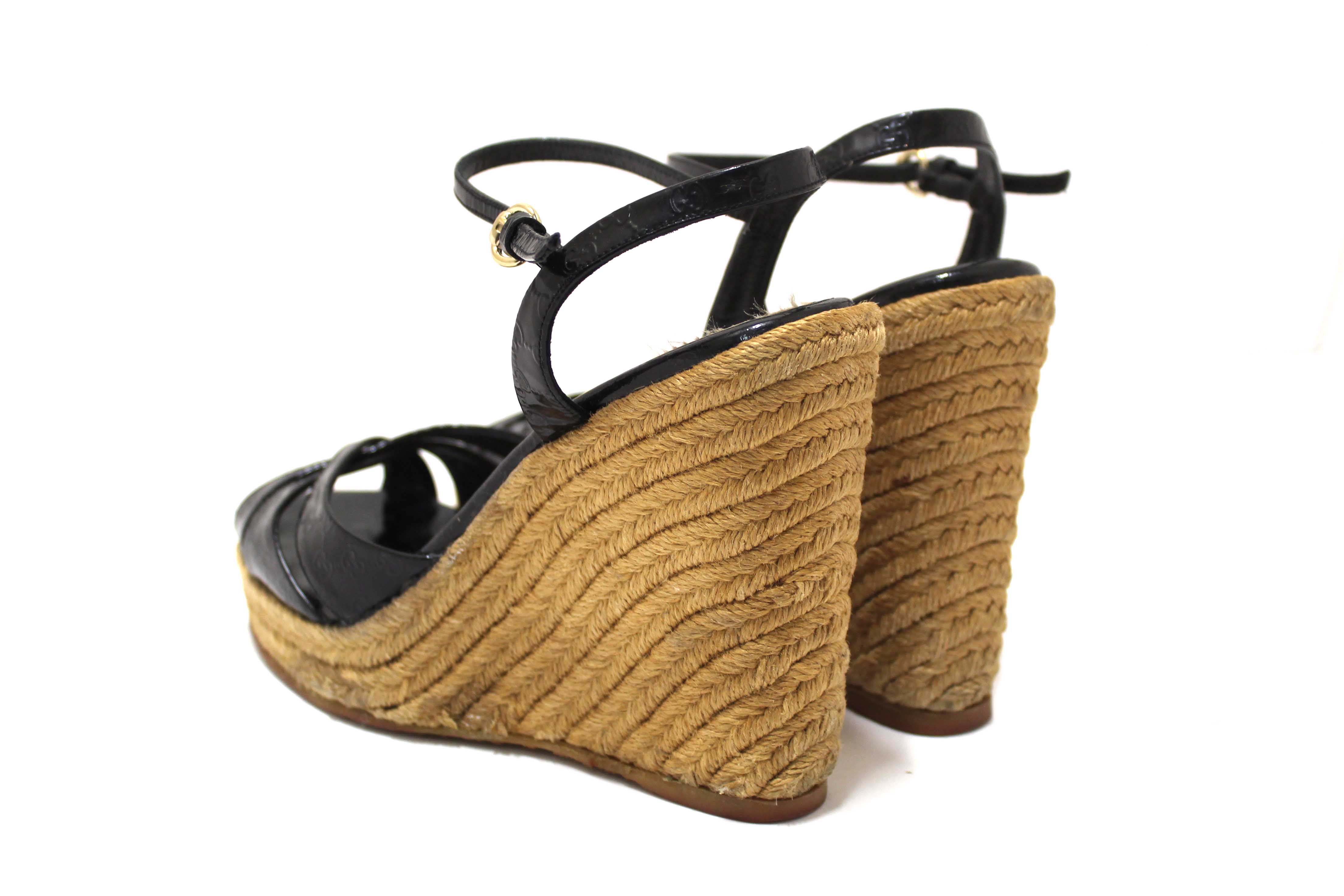 Authentic Gucci Black Guccissima Patent Leather Penelope Espadrille Wedges Sandals Size 36