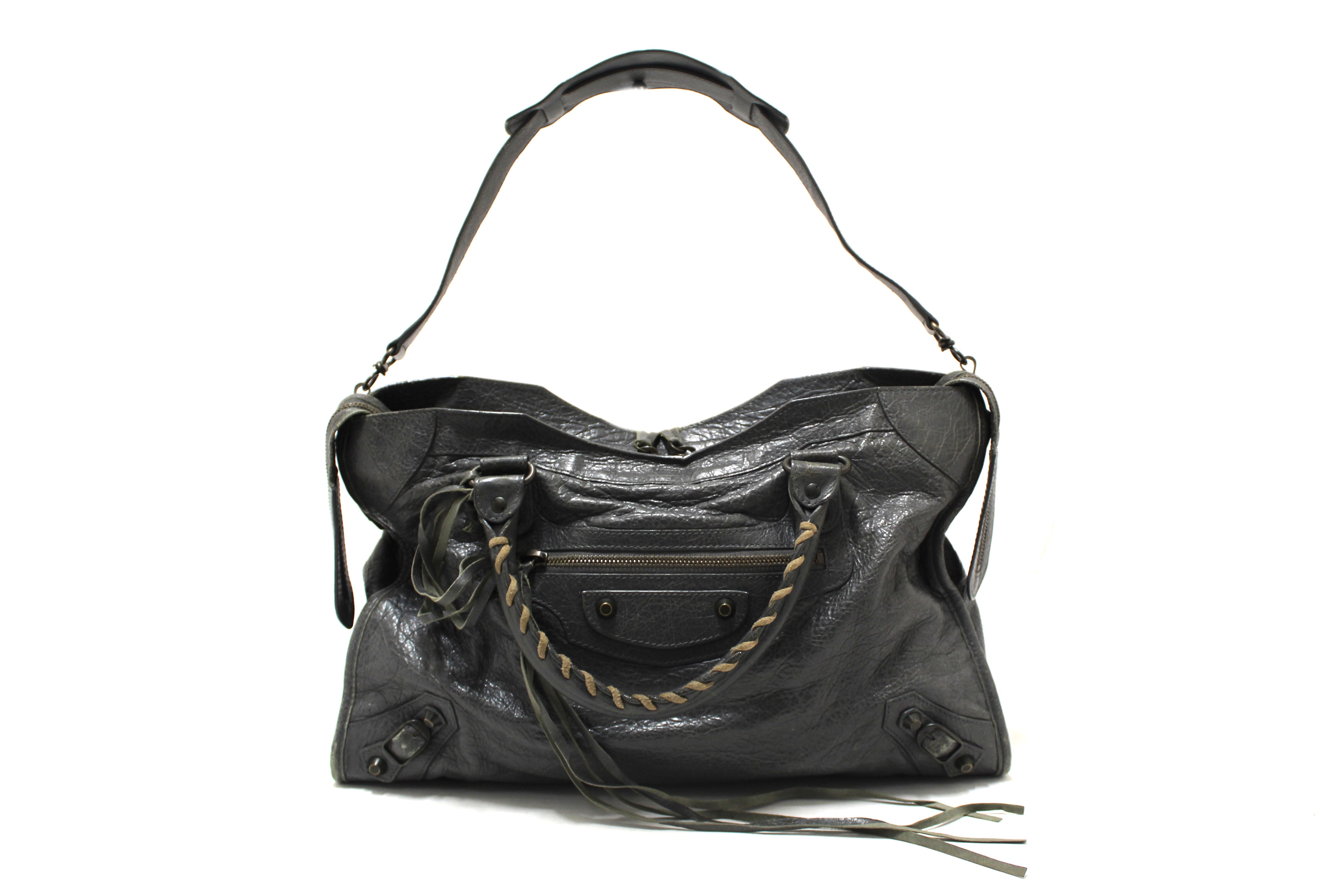 Authentic Balenciaga Grey Classic City Lambskin Leather Shoulder Bag