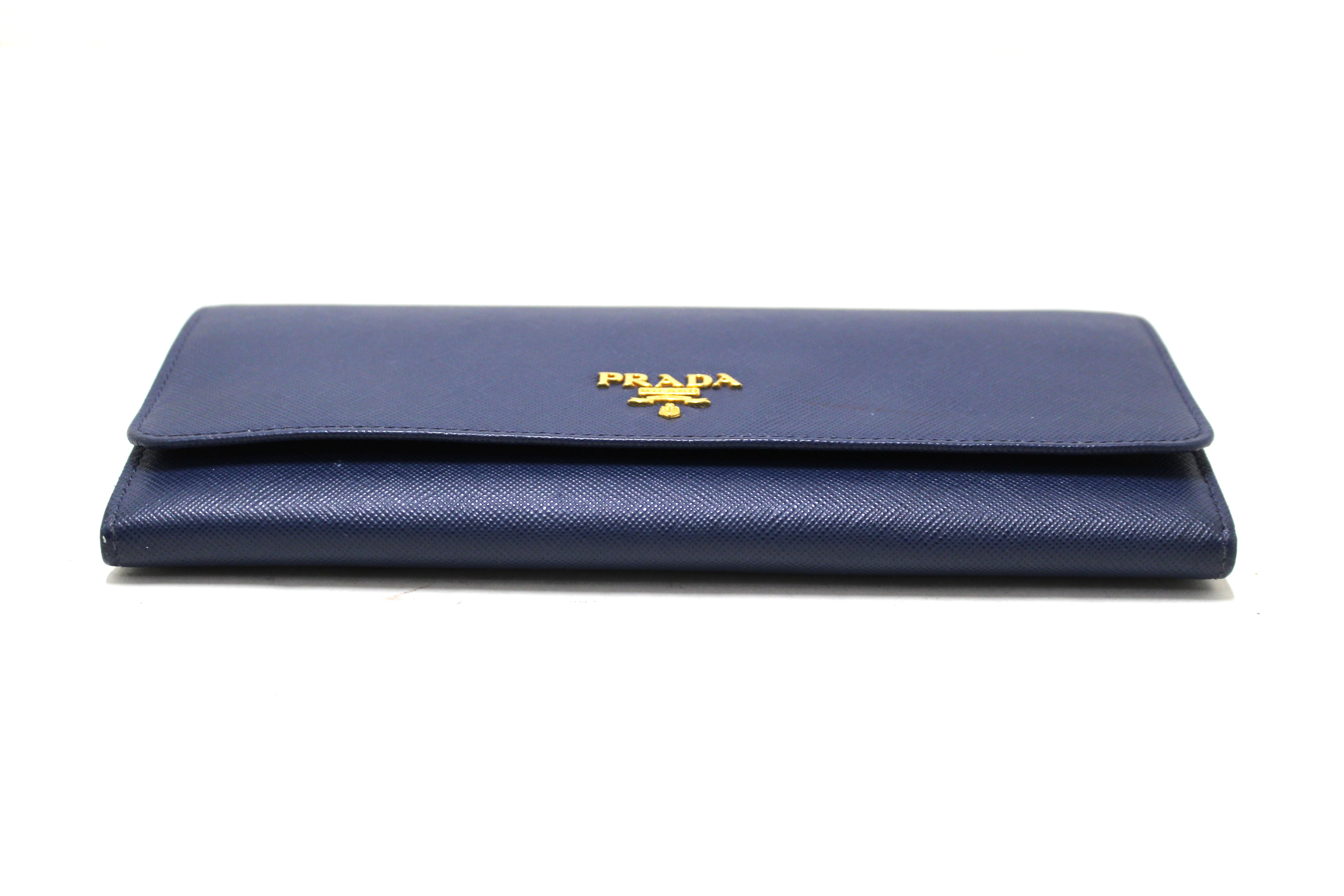 Authentic Prada Blue Saffiano Leather Wallet With Chain