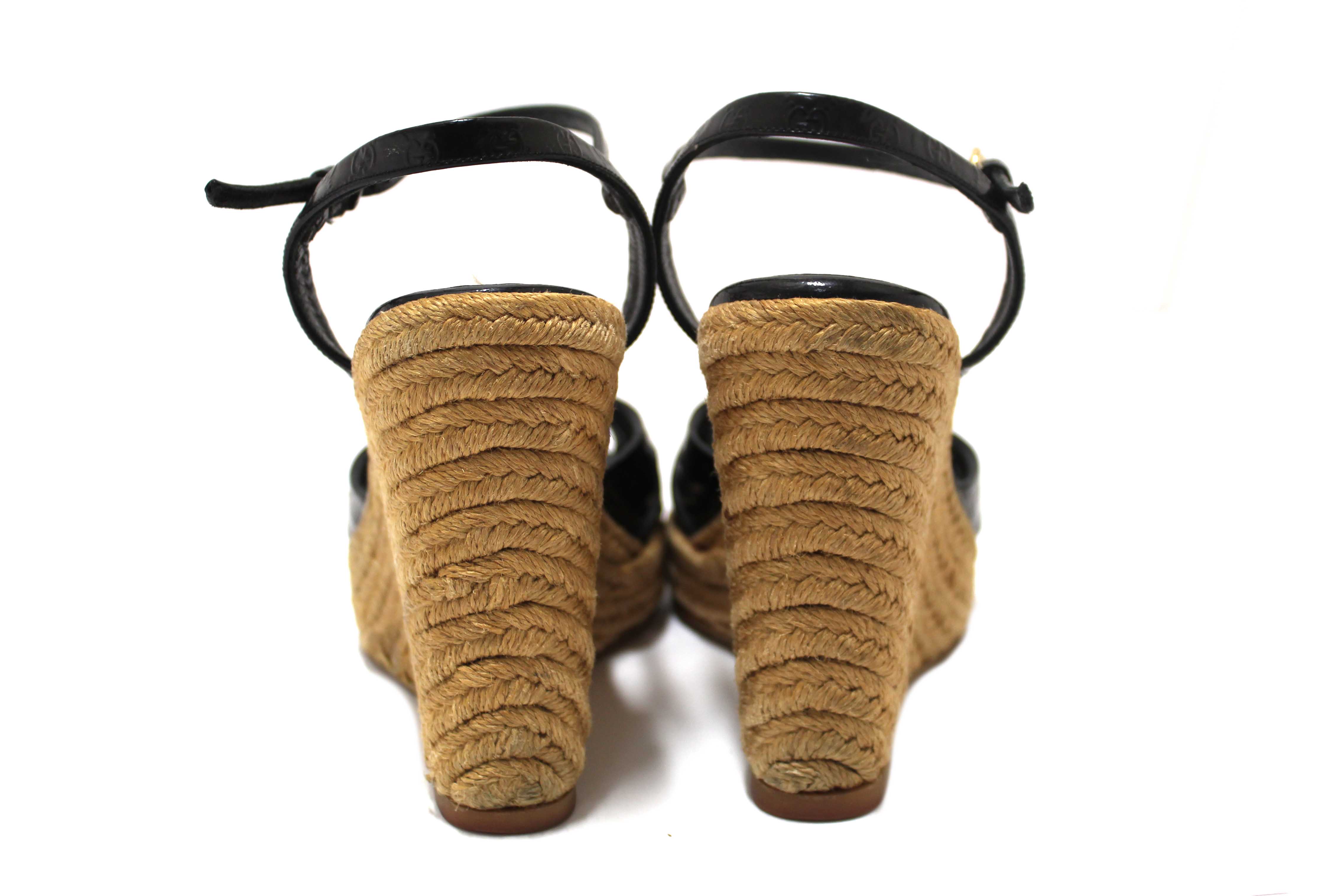 Authentic Gucci Black Guccissima Patent Leather Penelope Espadrille Wedges Sandals Size 36