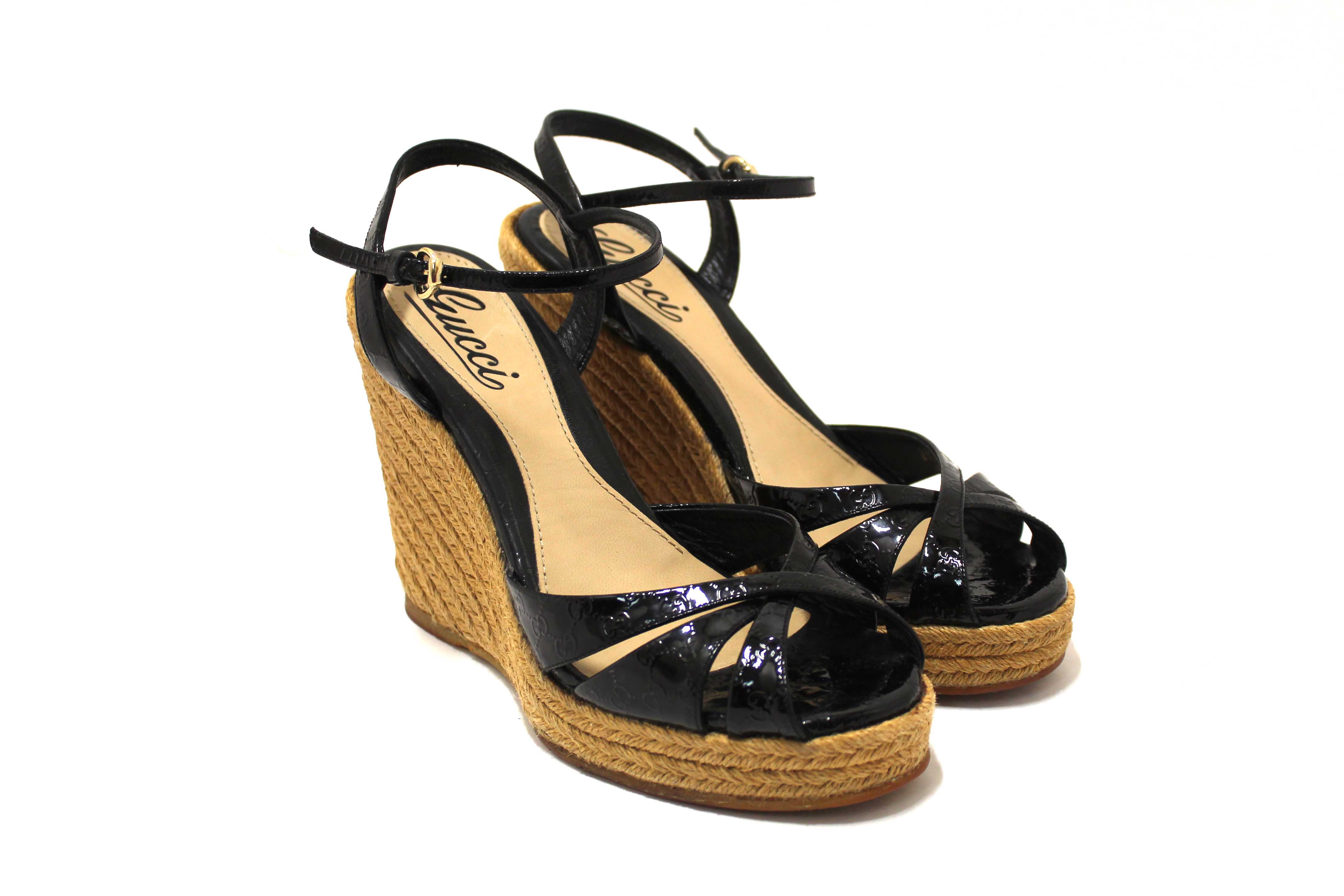 Authentic Gucci Black Guccissima Patent Leather Penelope Espadrille Wedges Sandals Size 36