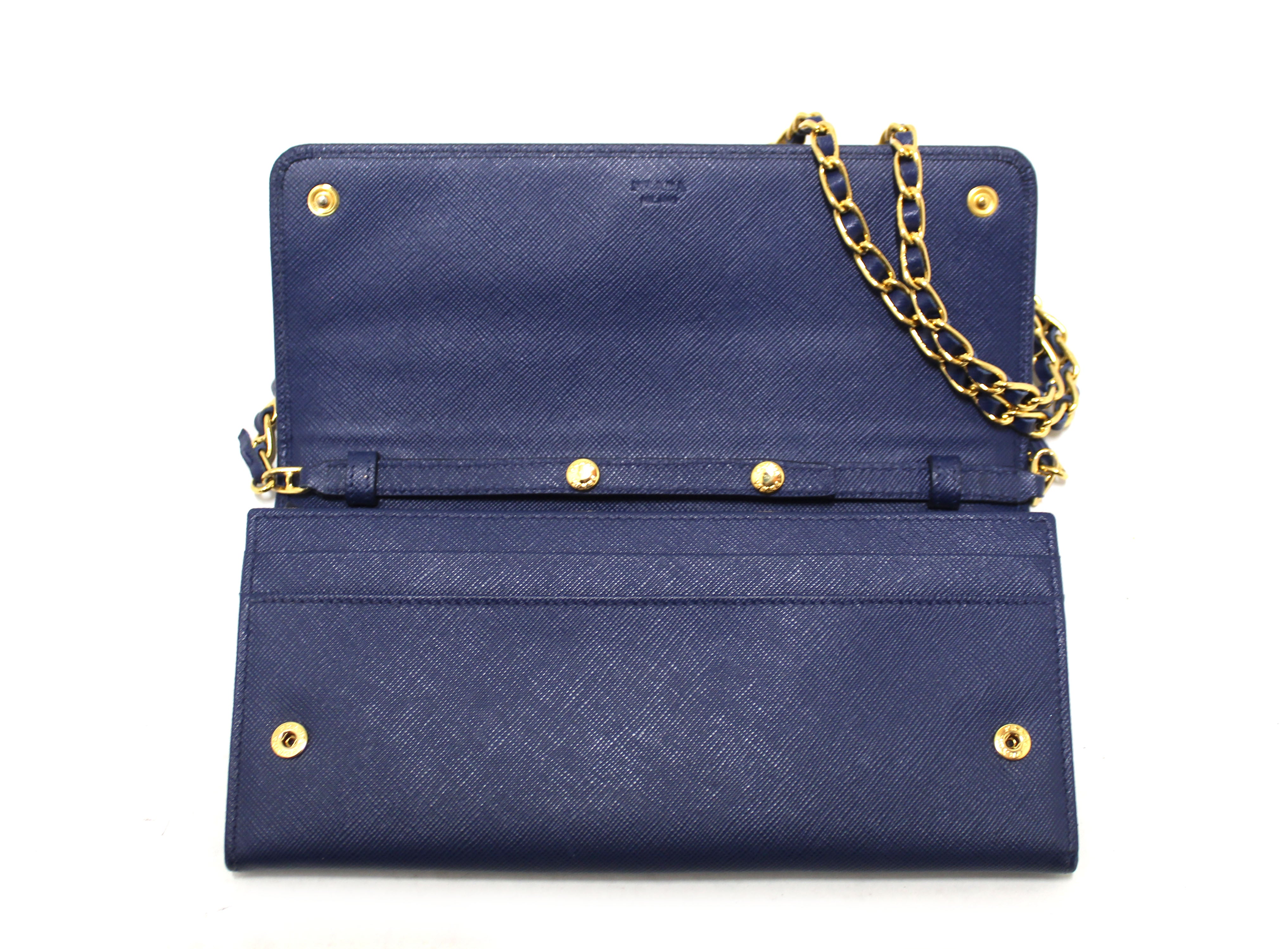 Prada Blue Saffiano Leather Wallet On Chain