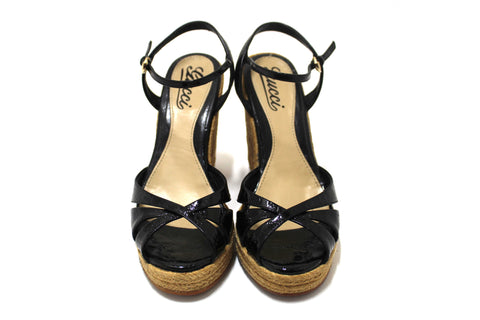 Authentic Gucci Black Guccissima Patent Leather Penelope Espadrille Wedges Sandals Size 36