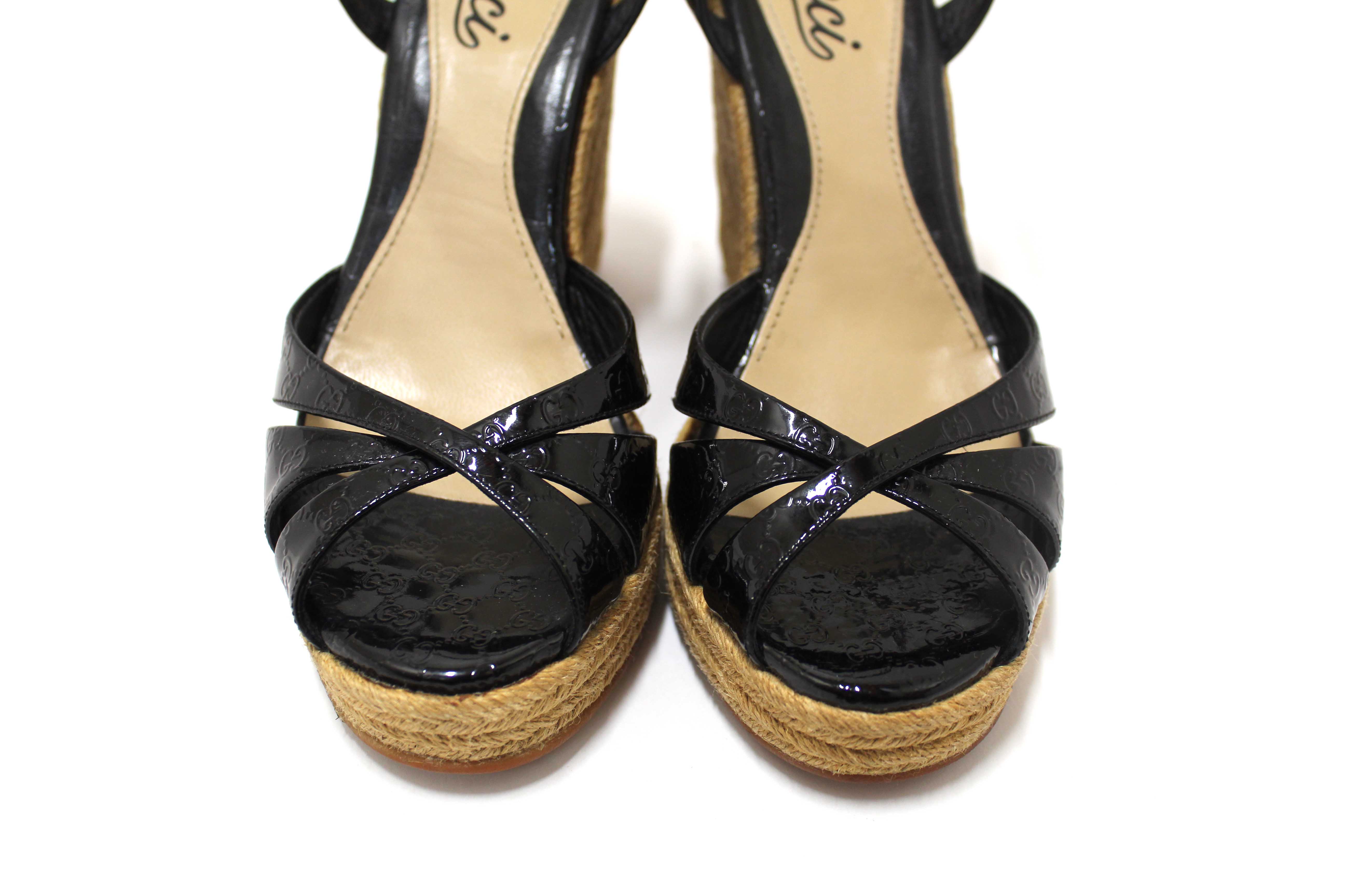 Authentic Gucci Black Guccissima Patent Leather Penelope Espadrille Wedges Sandals Size 36