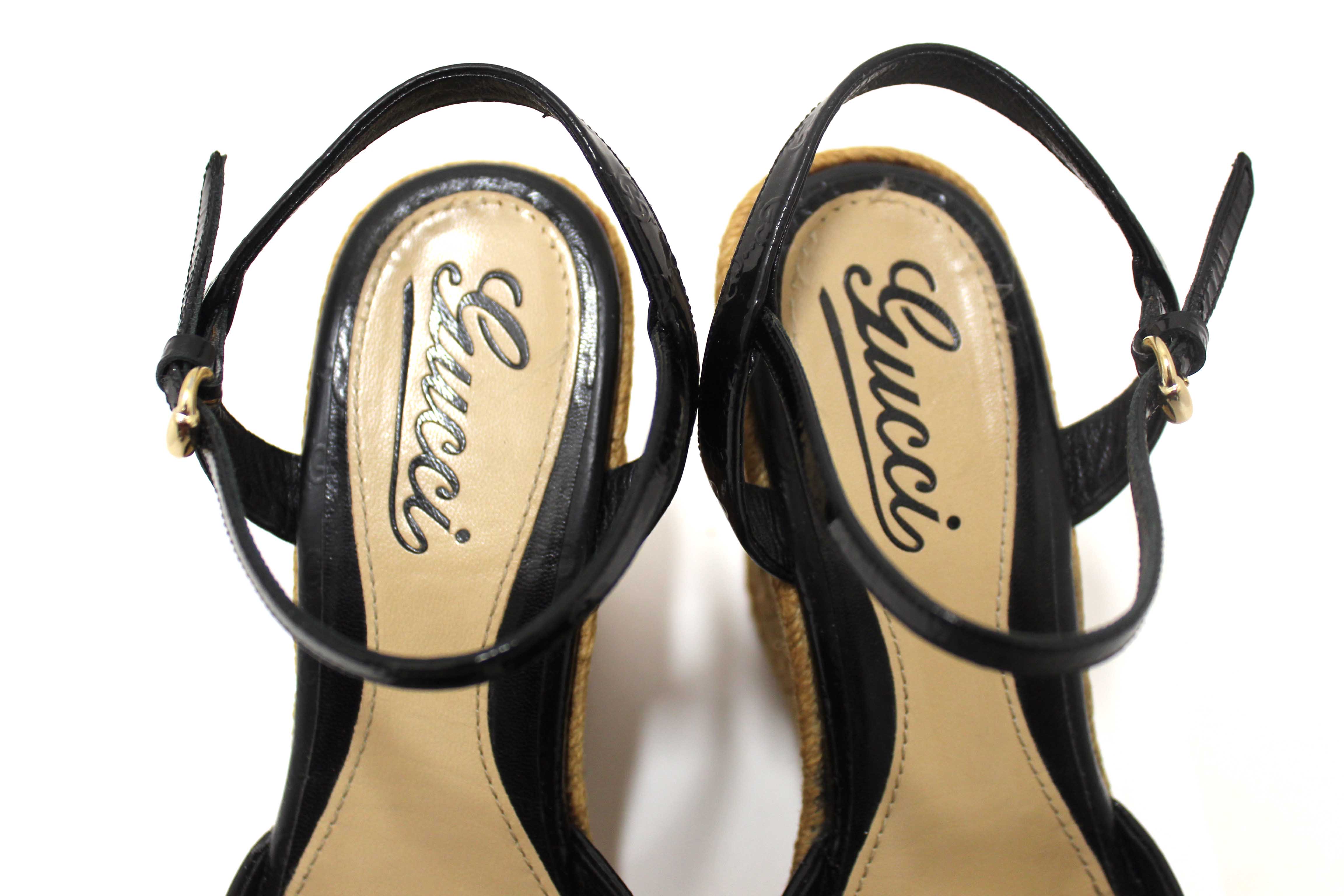 Authentic Gucci Black Guccissima Patent Leather Penelope Espadrille Wedges Sandals Size 36