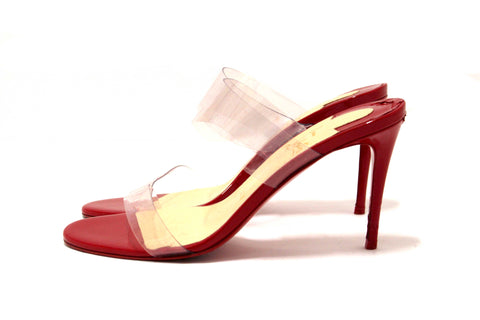 Authentic Christian Louboutin Red Patent Leather and TPU Just Nothing Mules 85 mm