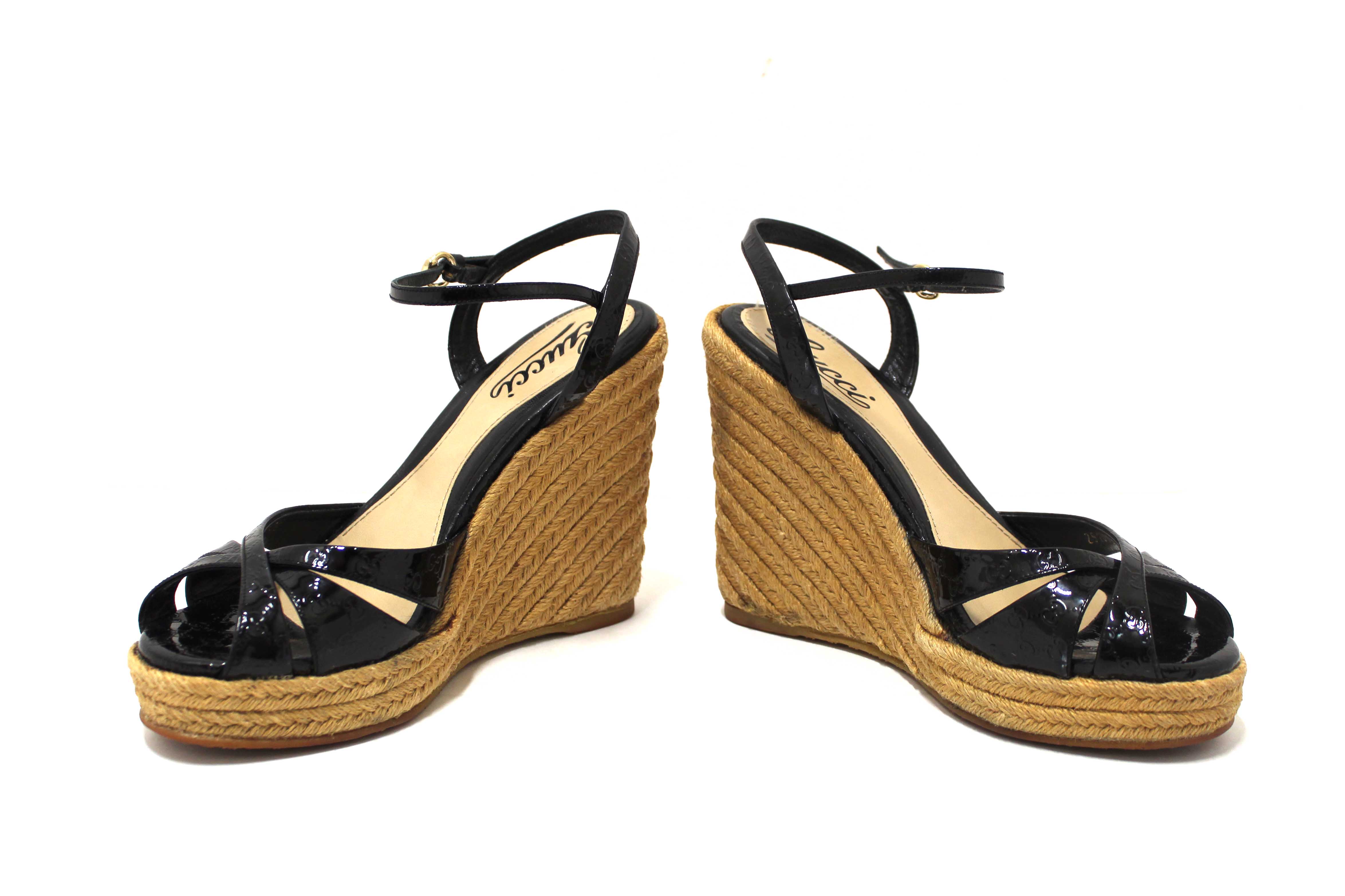 Authentic Gucci Black Guccissima Patent Leather Penelope Espadrille Wedges Sandals Size 36
