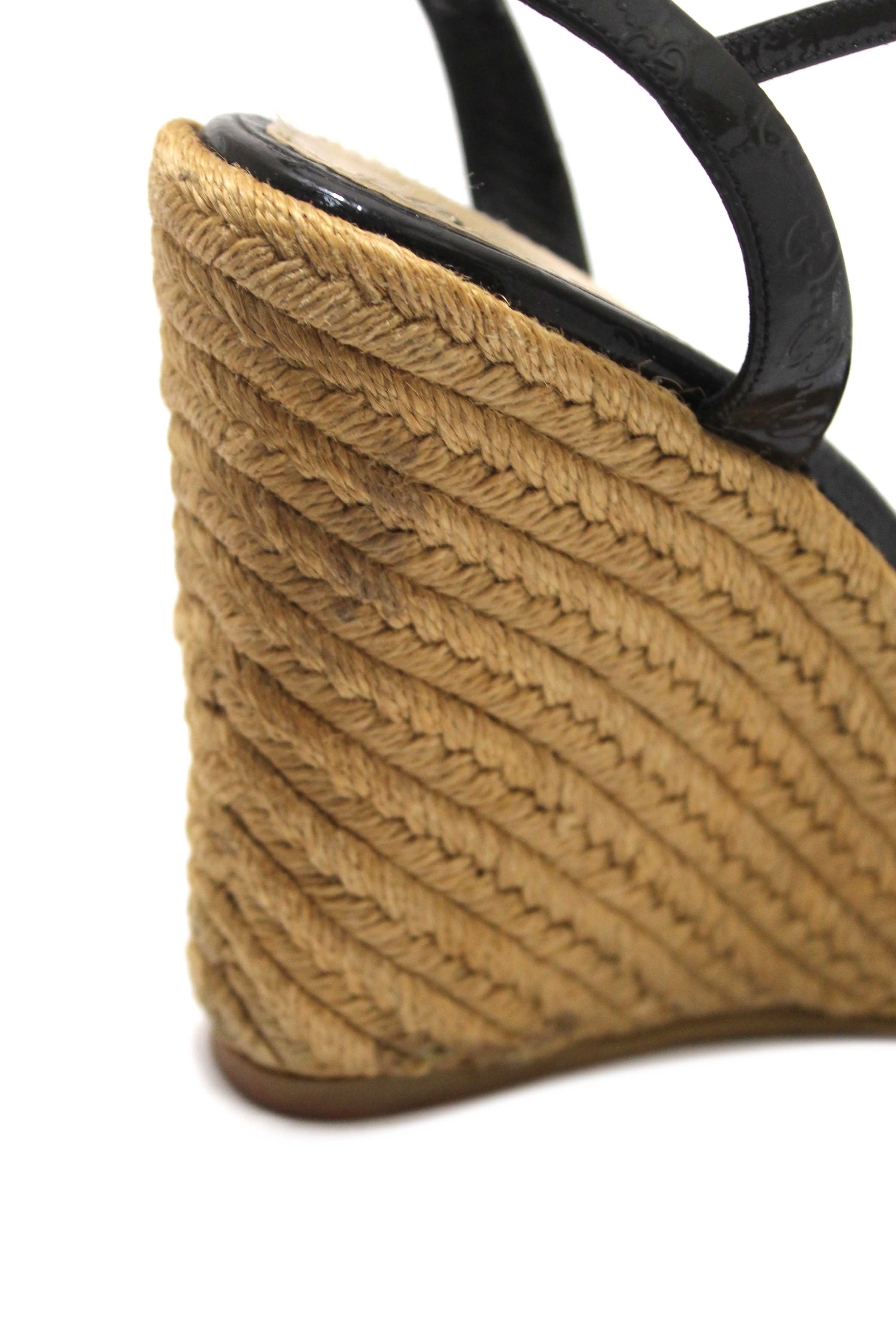 Authentic Gucci Black Guccissima Patent Leather Penelope Espadrille Wedges Sandals Size 36