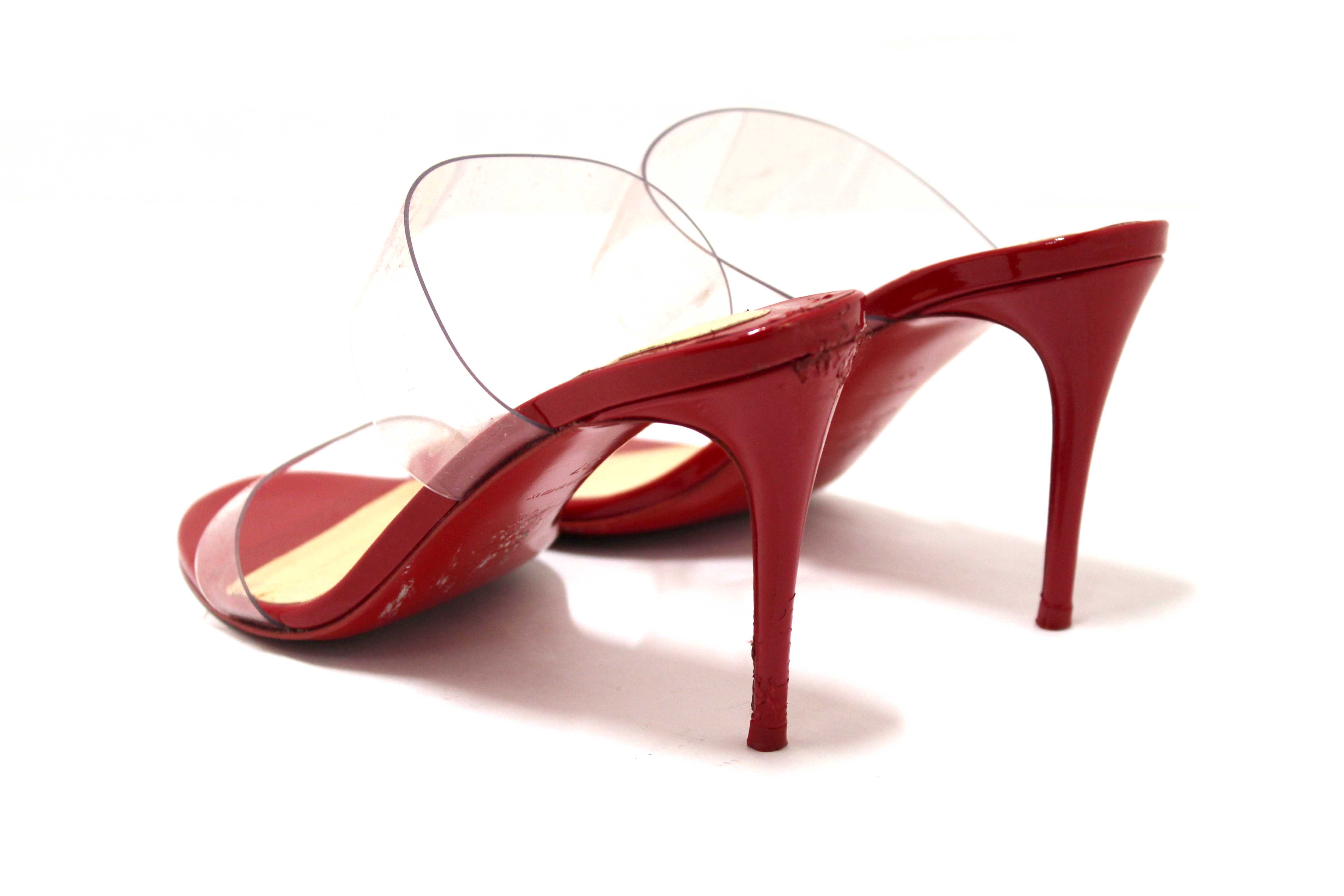 Authentic Christian Louboutin Red Patent Leather and TPU Just Nothing Mules 85 mm