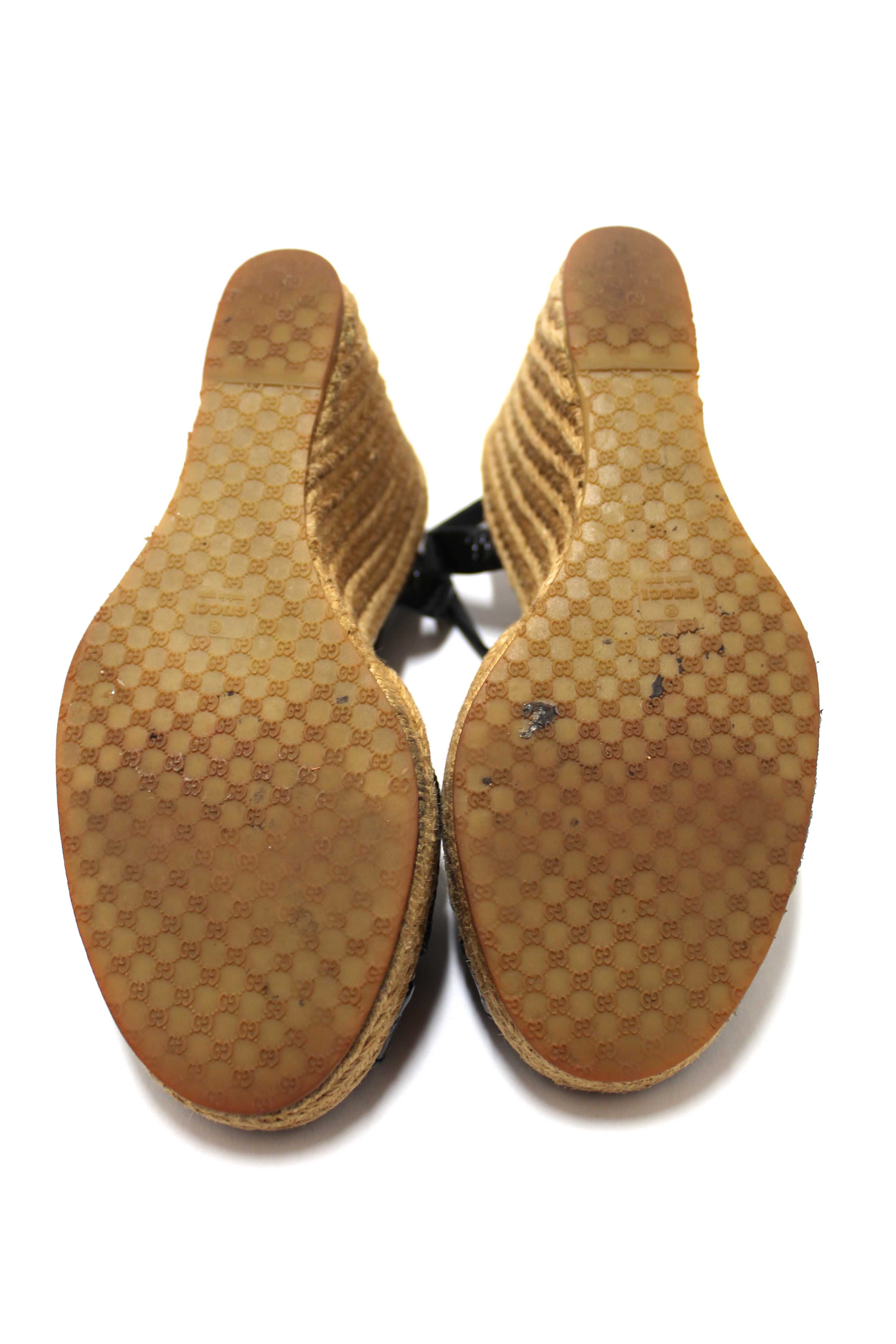 Authentic Gucci Black Guccissima Patent Leather Penelope Espadrille Wedges Sandals Size 36