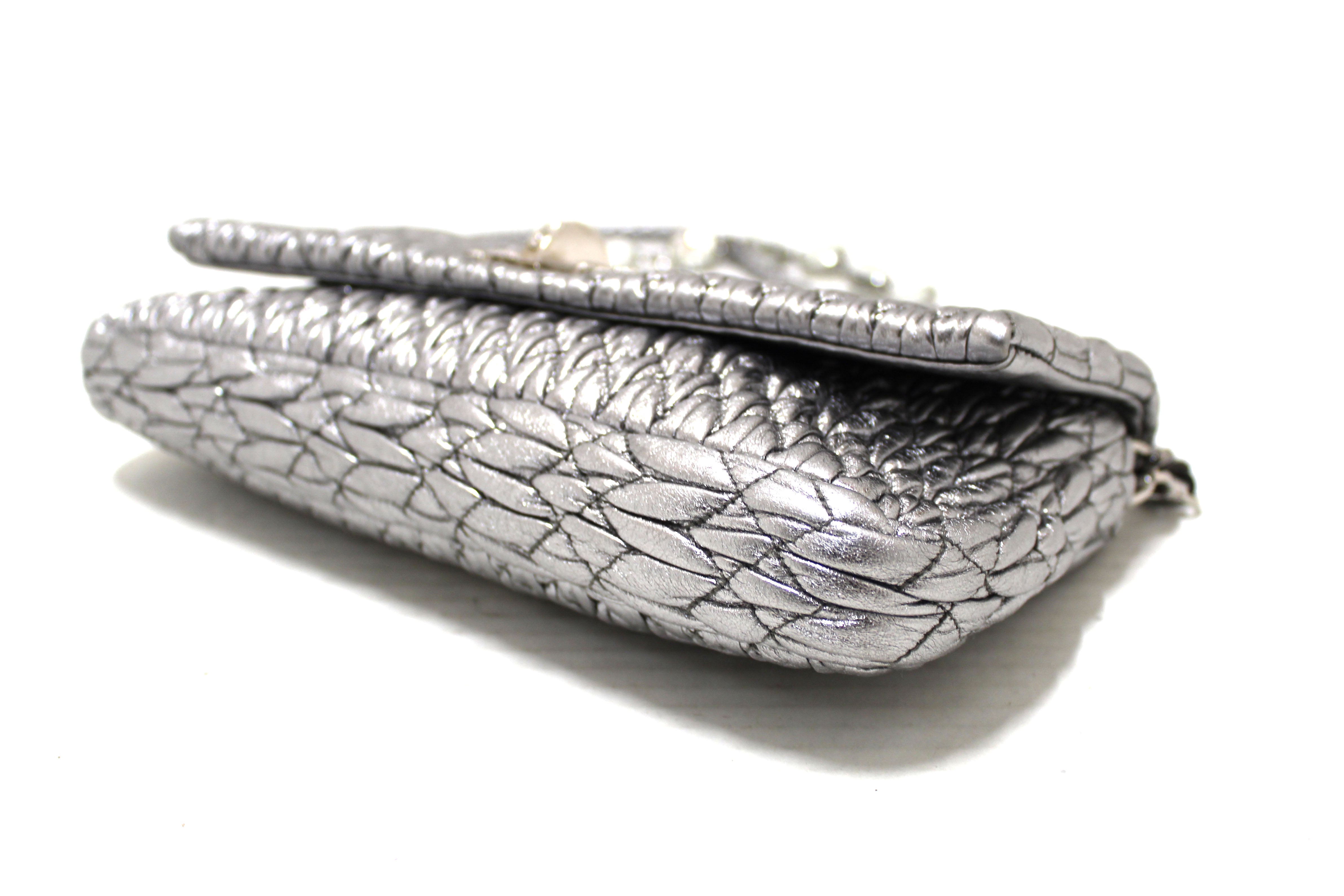 Authentic Miu Miu Iconic Crystal Silver Cloqué Nappa Leather Bag