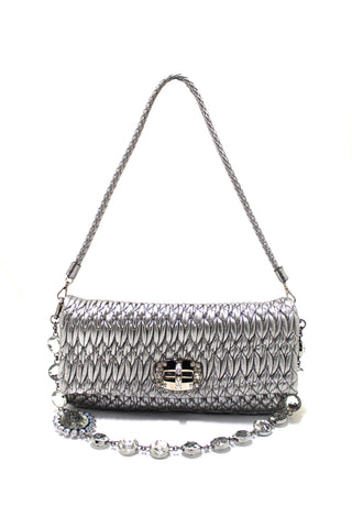 Authentic Miu Miu Iconic Crystal Silver Cloqué Nappa Leather Bag