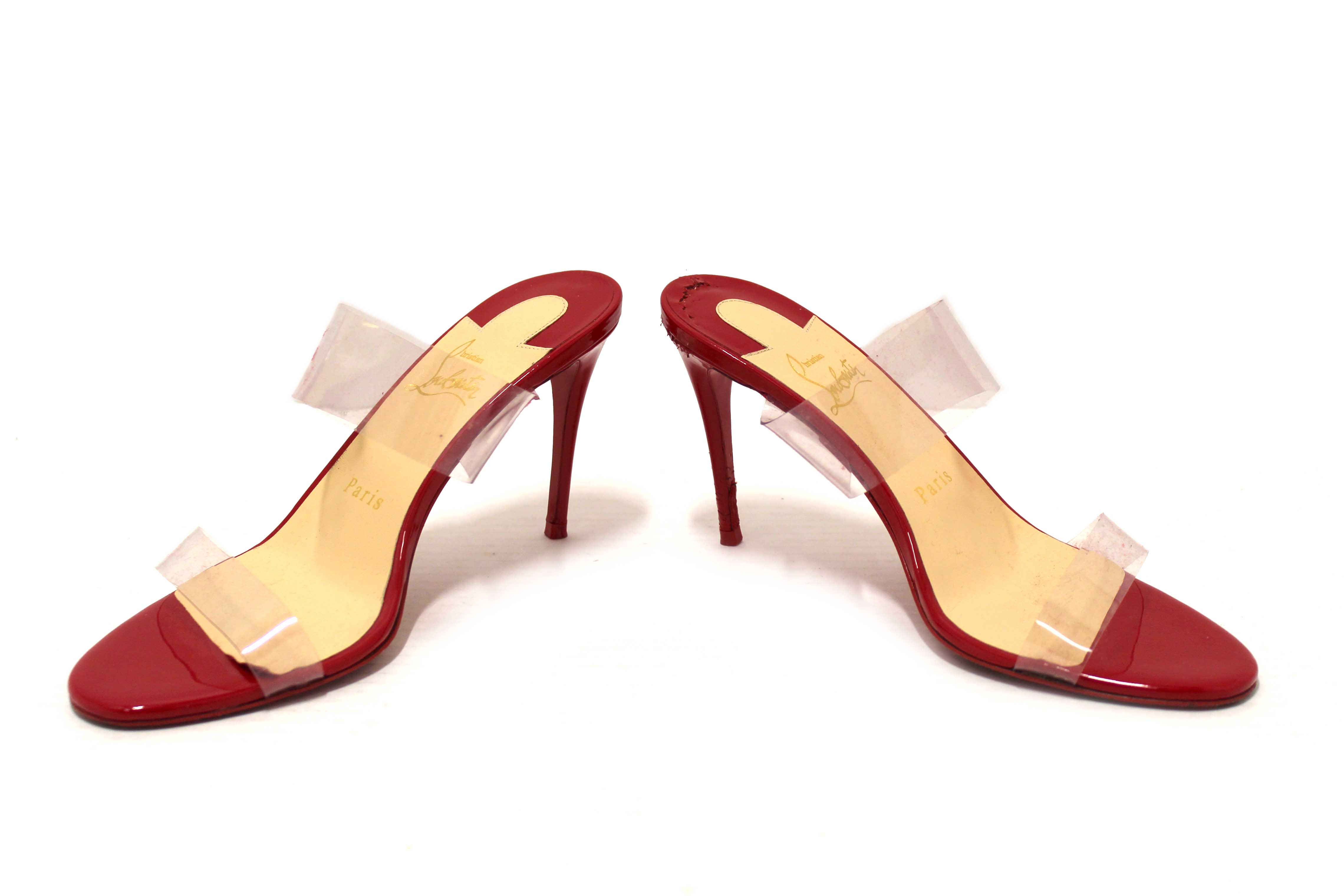 Authentic Christian Louboutin Red Patent Leather and TPU Just Nothing Mules 85 mm
