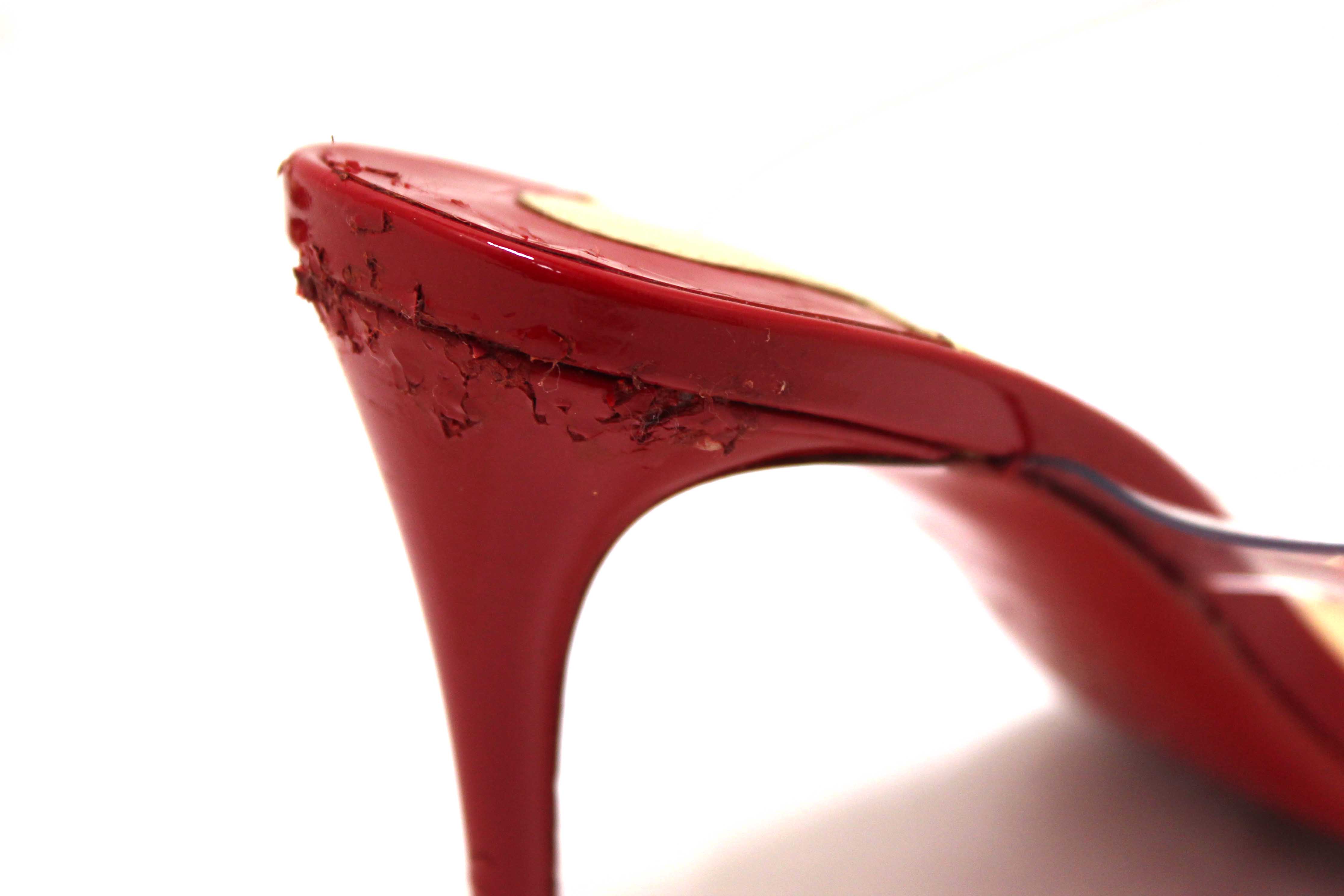 Authentic Christian Louboutin Red Patent Leather and TPU Just Nothing Mules 85 mm
