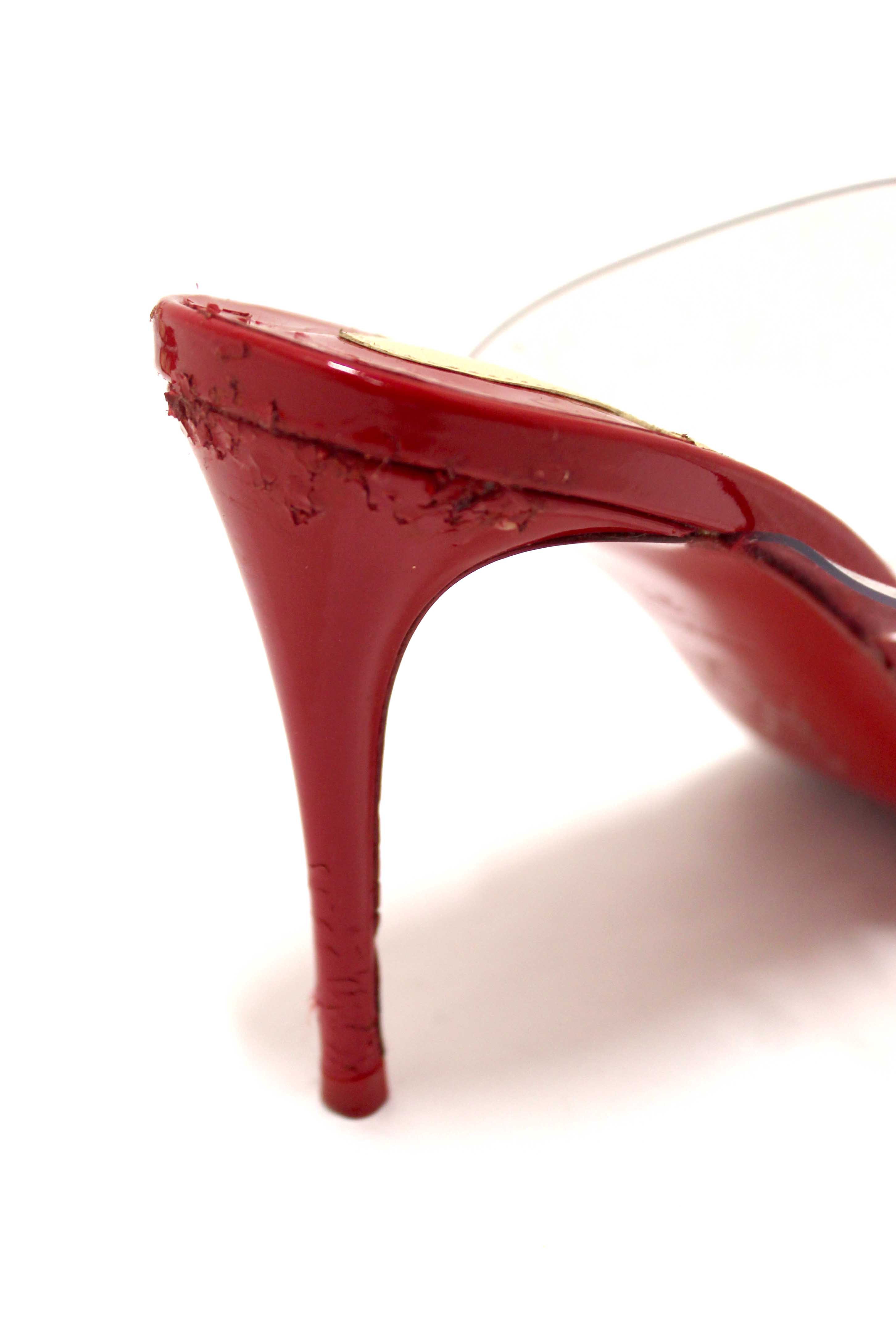 Authentic Christian Louboutin Red Patent Leather and TPU Just Nothing Mules 85 mm