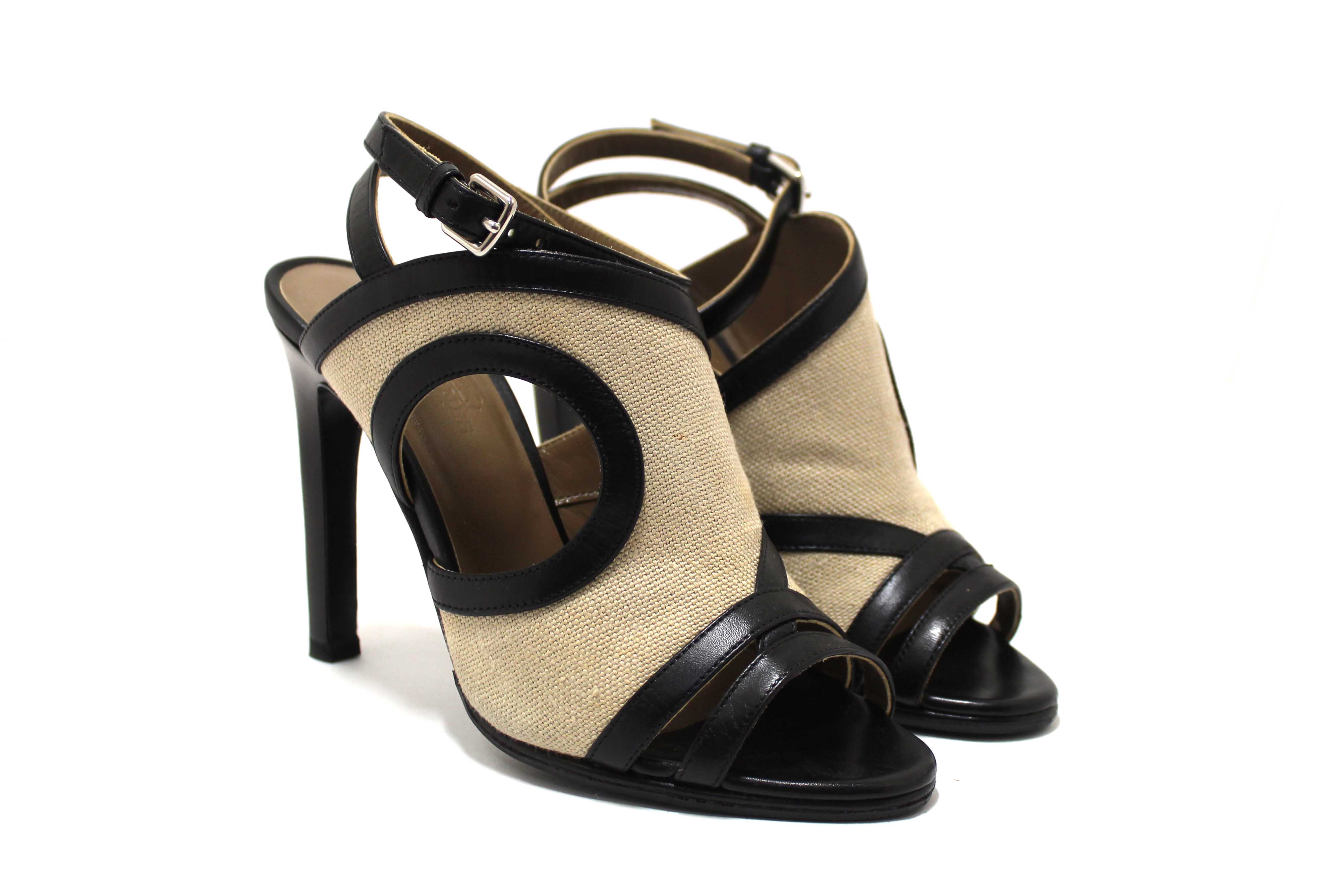 Authentic Hermes Black Toile Calfskin Leather Rafaella Sandals Size 37