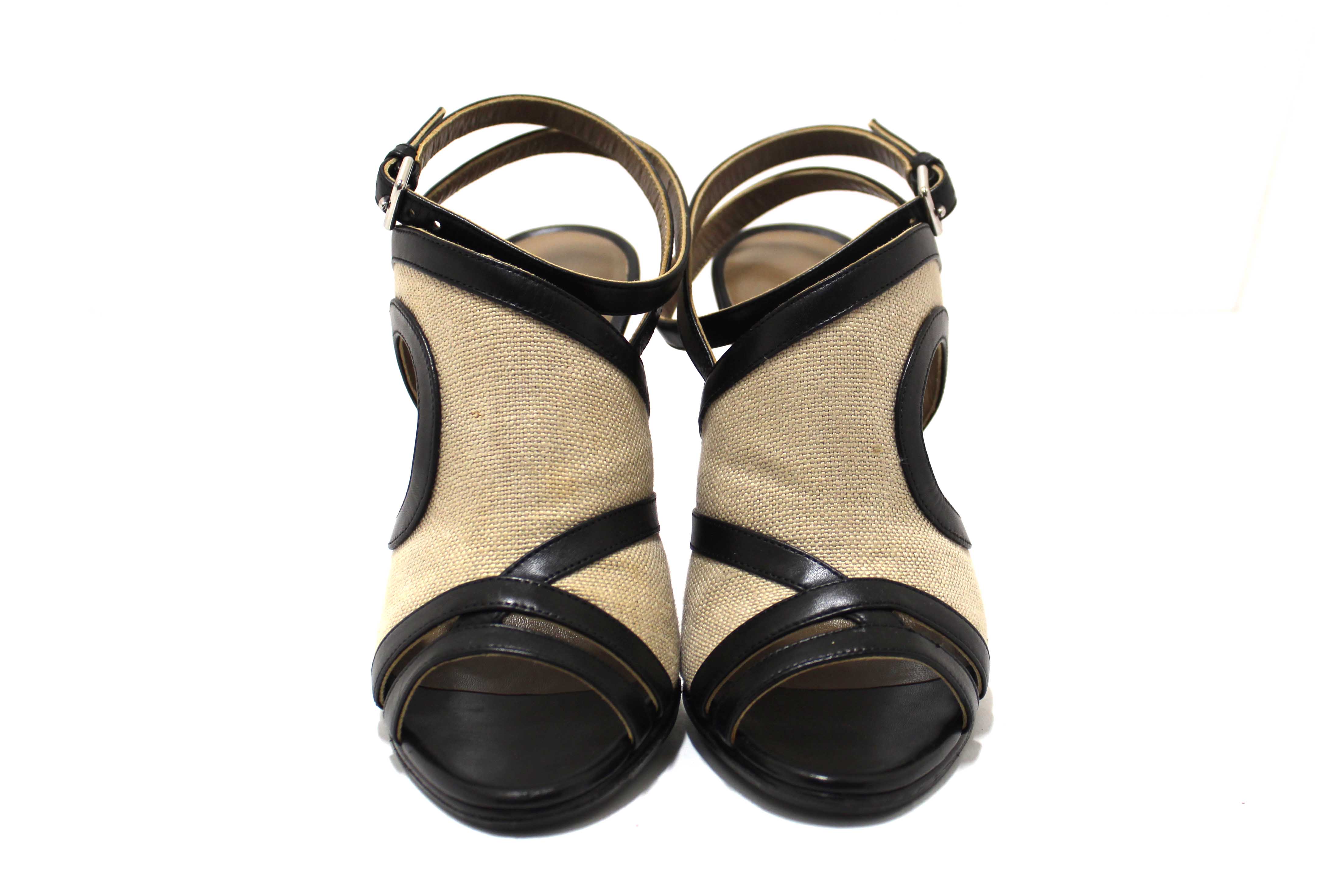 Authentic Hermes Black Toile Calfskin Leather Rafaella Sandals Size 37