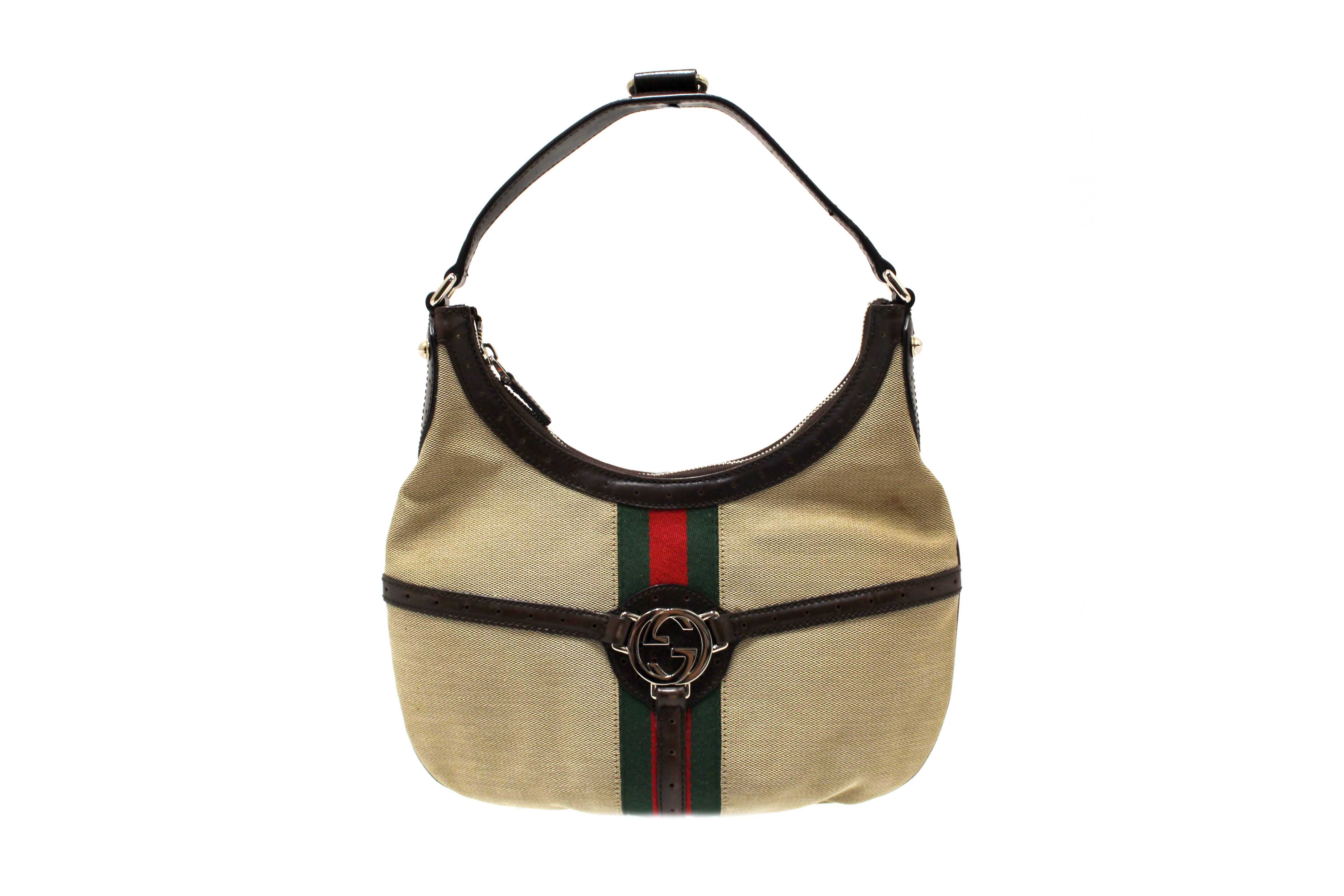 Authentic Gucci Beige Canvas Web GG Reins Small Hobo Bag 114869