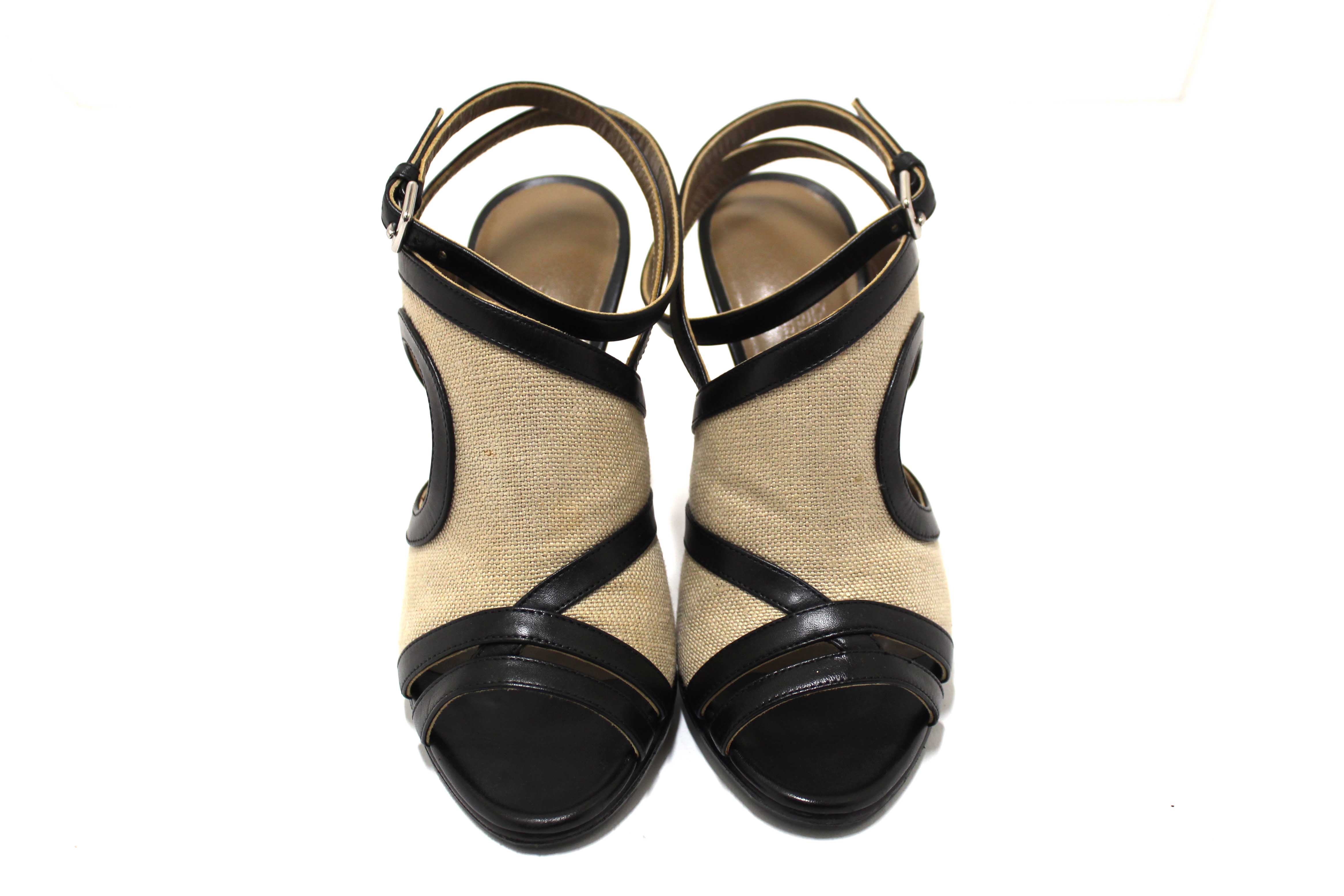 Authentic Hermes Black Toile Calfskin Leather Rafaella Sandals Size 37