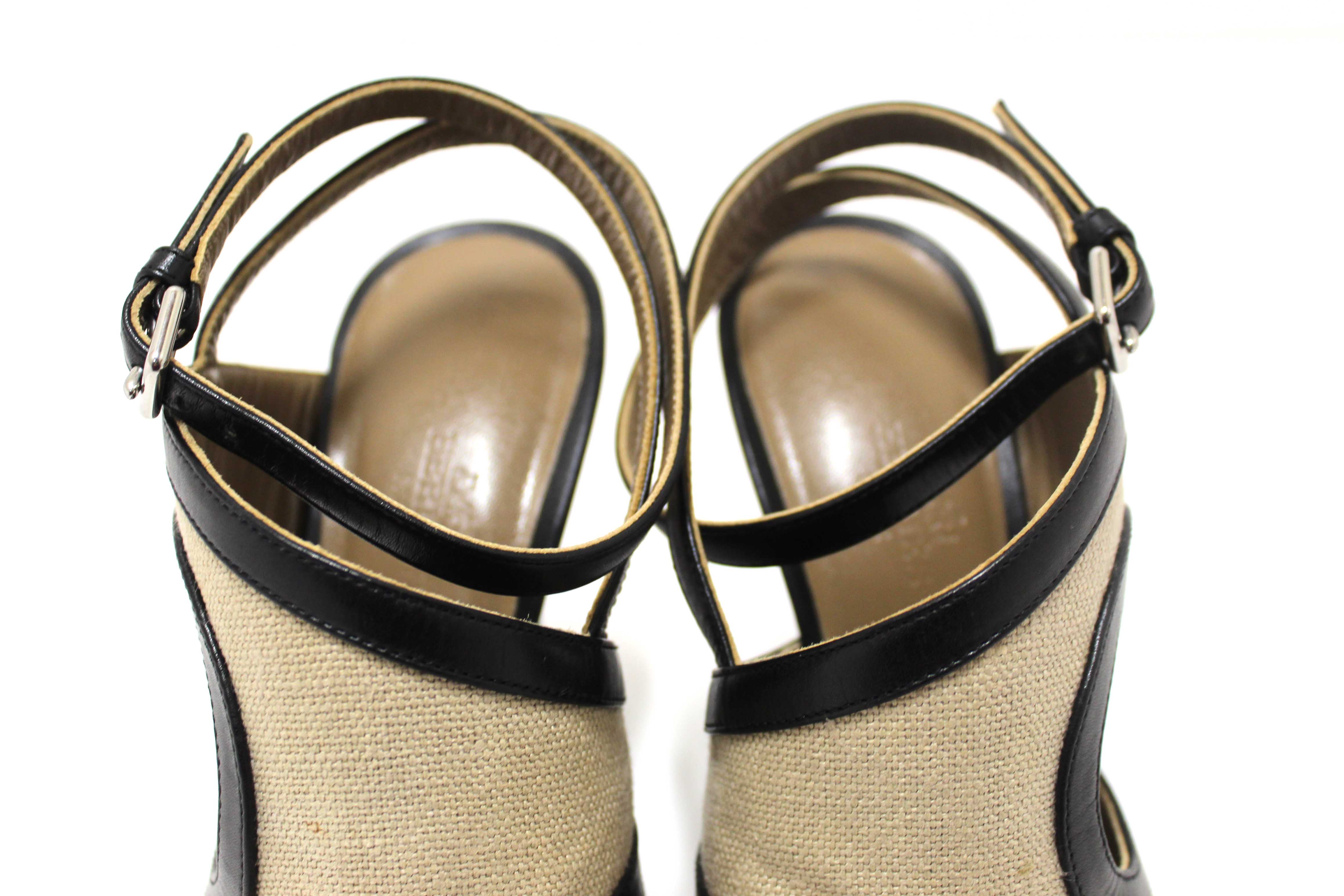 Authentic Hermes Black Toile Calfskin Leather Rafaella Sandals Size 37