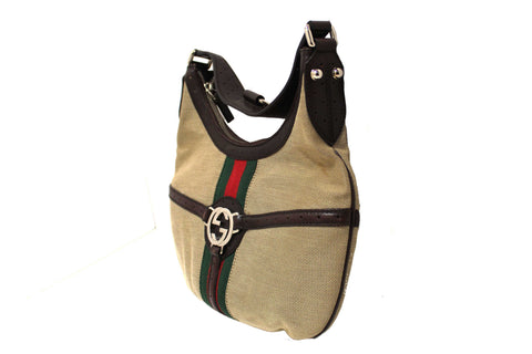 Authentic Gucci Beige Canvas Web GG Reins Small Hobo Bag 114869