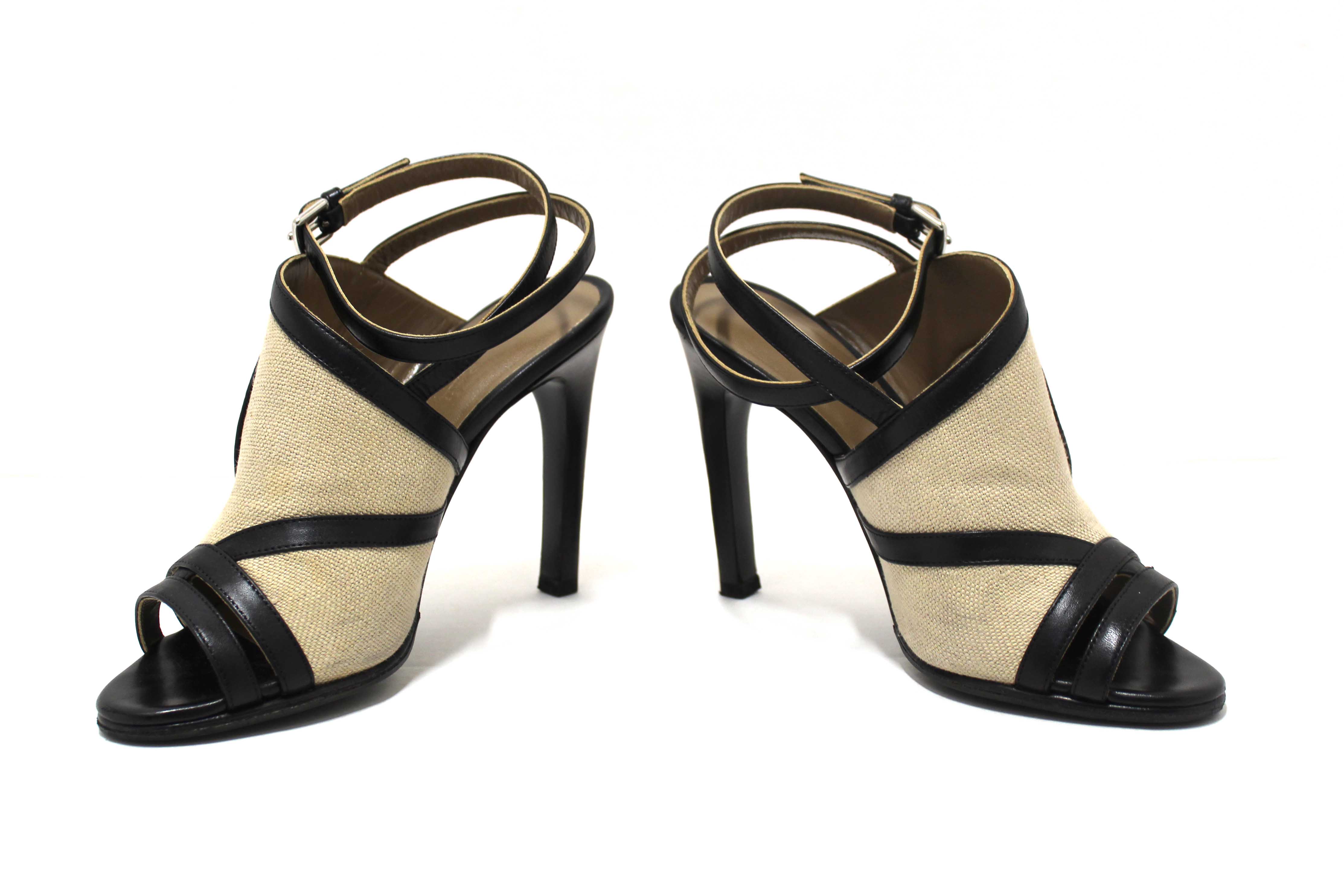 Authentic Hermes Black Toile Calfskin Leather Rafaella Sandals Size 37