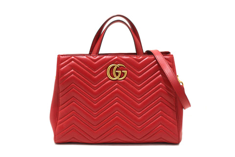 Authentic Gucci Red Hibiscus Red Calfskin Matelasse GG Marmont Medium Top Handle Shoulder Bag